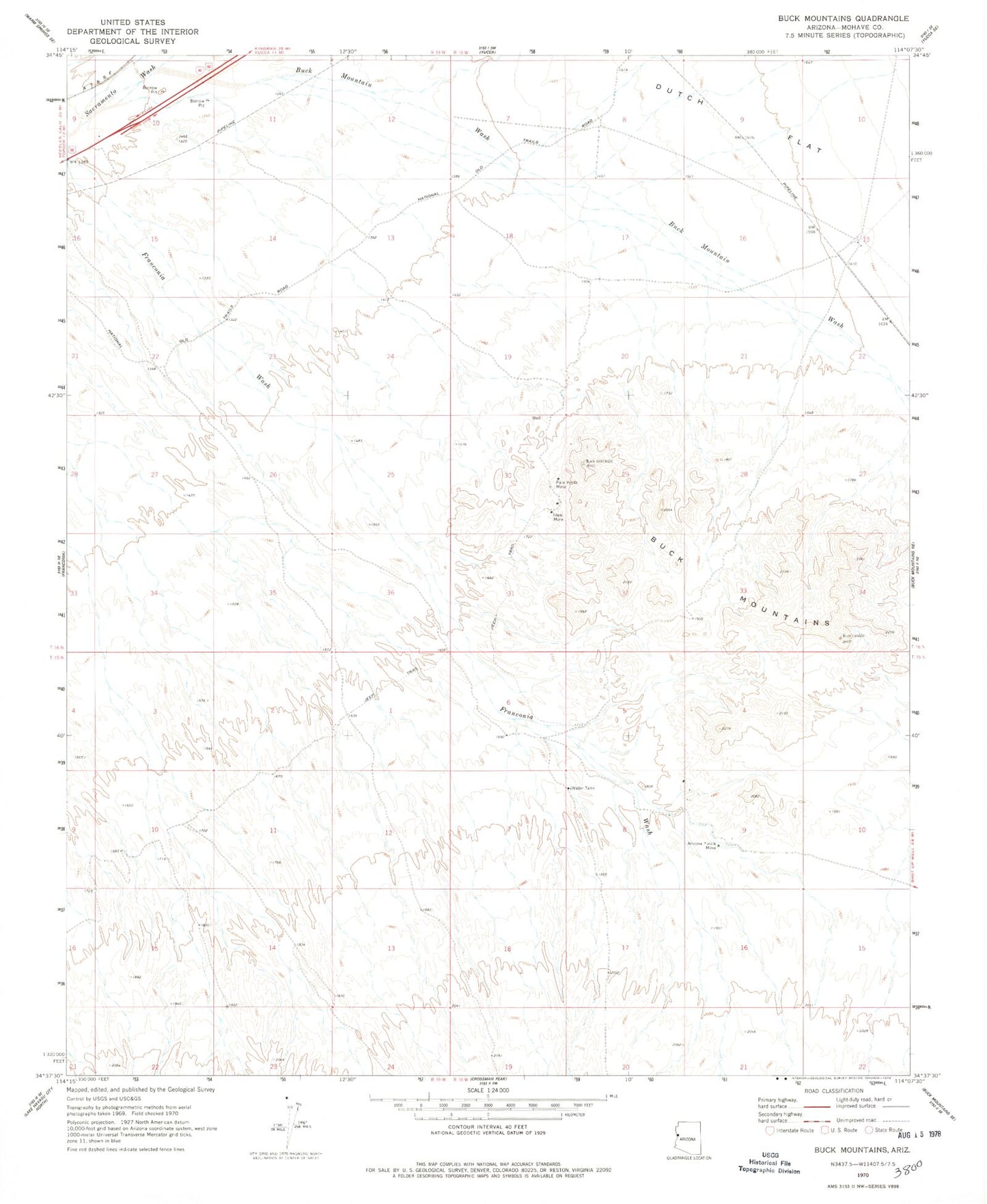 Classic USGS Buck Mountains Arizona 7.5'x7.5' Topo Map Image