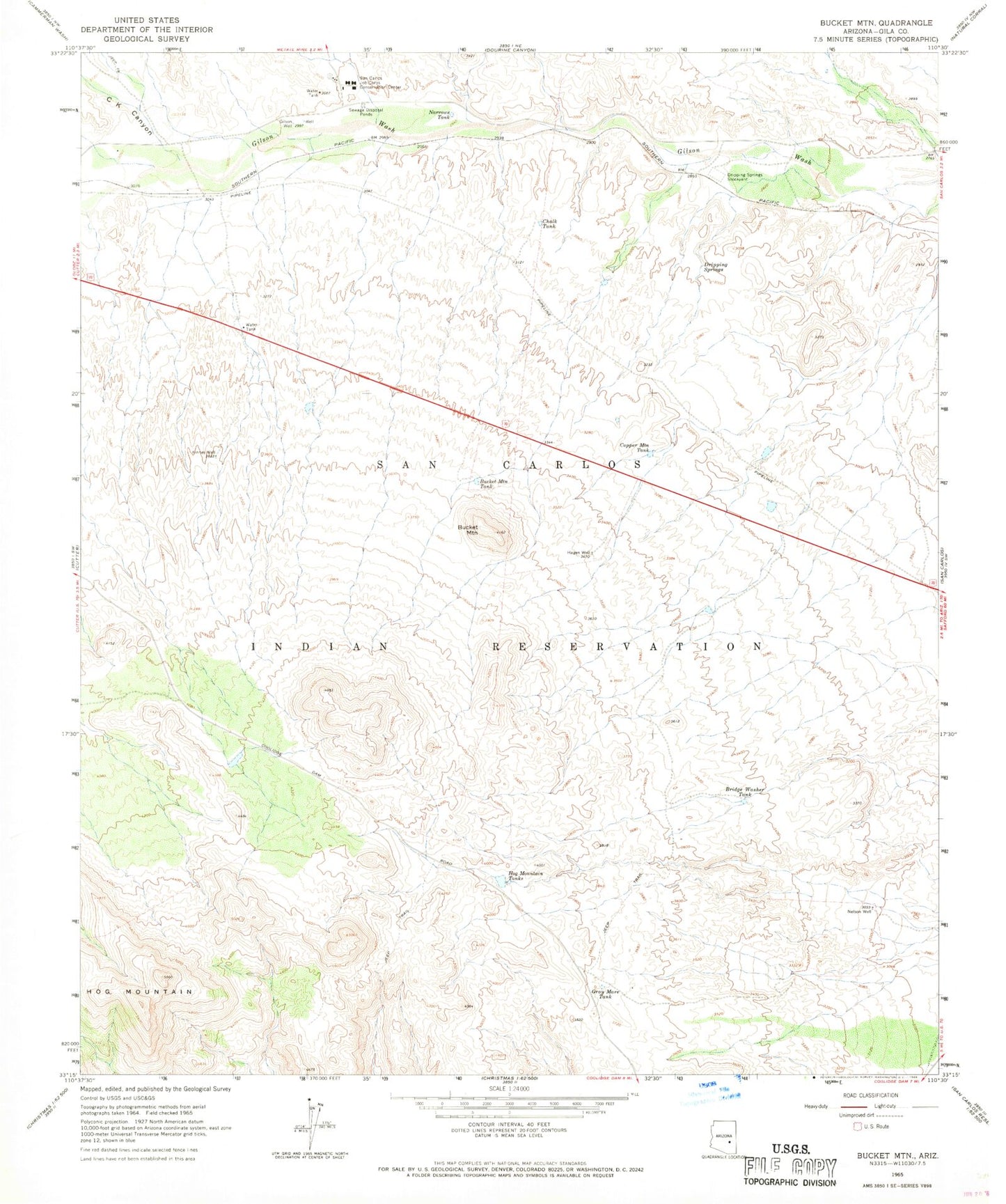 Classic USGS Bucket Mountain Arizona 7.5'x7.5' Topo Map Image