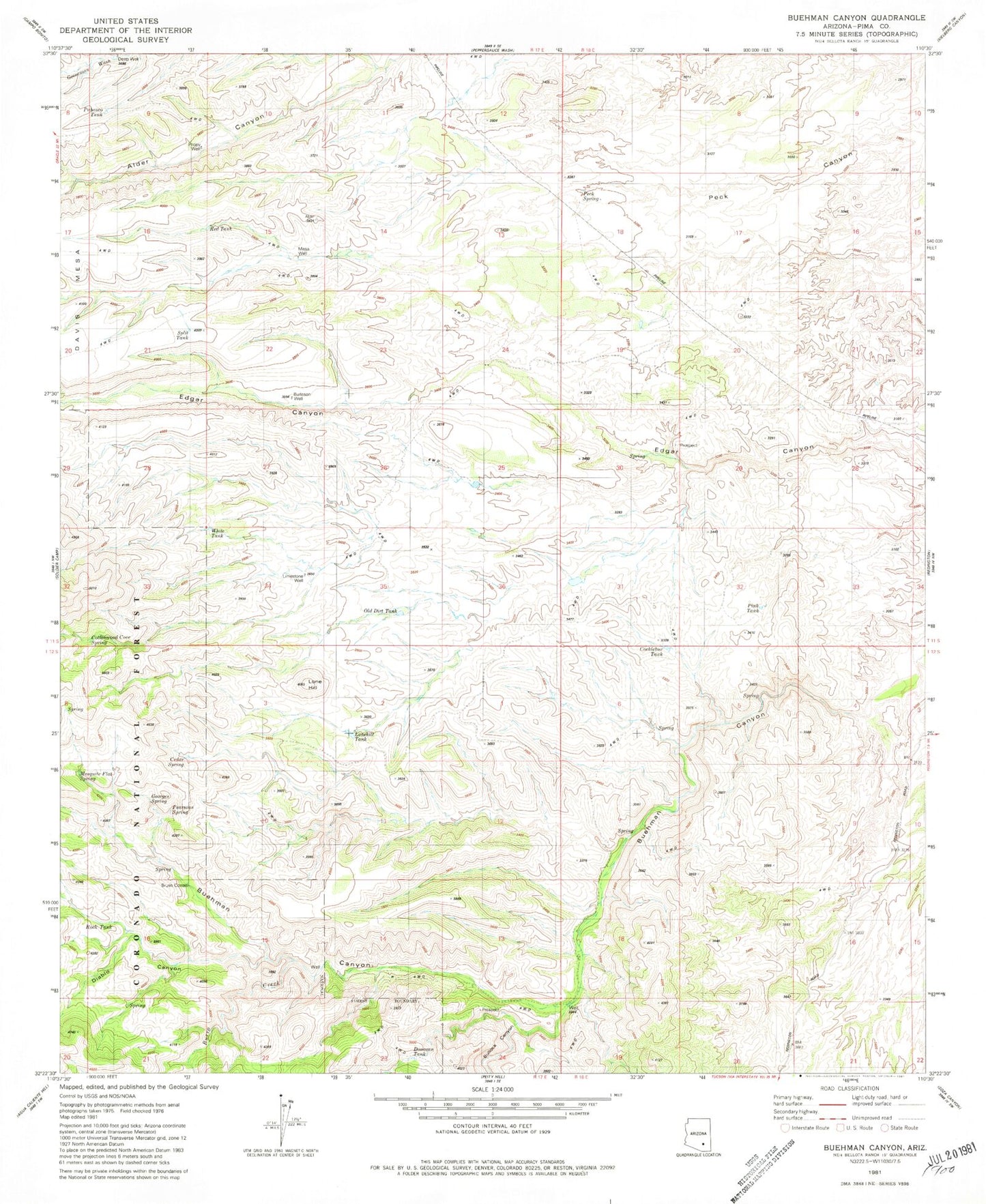Classic USGS Buehman Canyon Arizona 7.5'x7.5' Topo Map Image