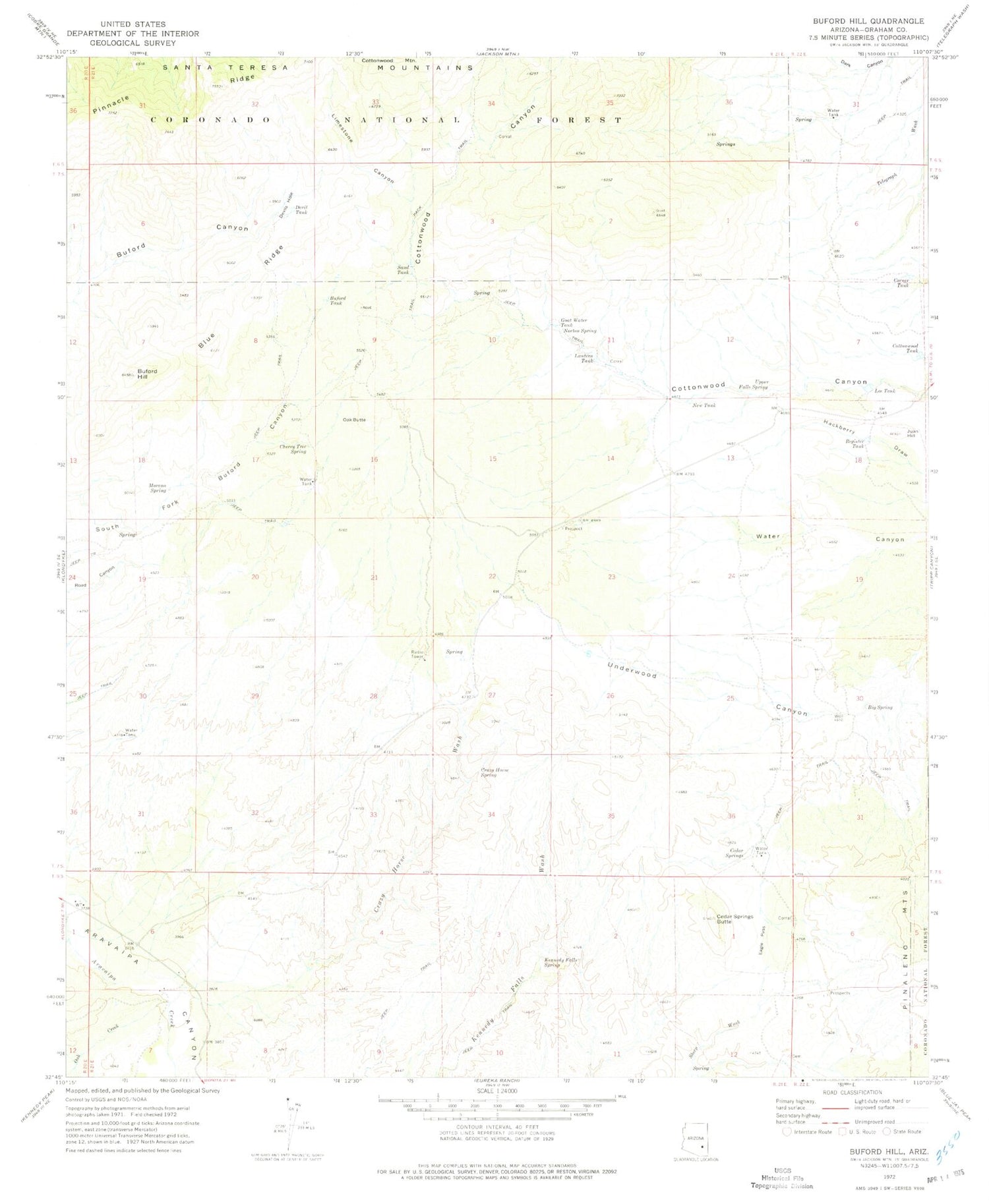 Classic USGS Buford Hill Arizona 7.5'x7.5' Topo Map Image