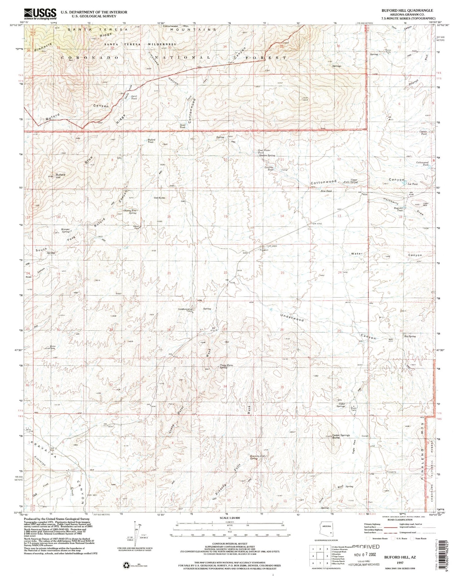 Classic USGS Buford Hill Arizona 7.5'x7.5' Topo Map Image