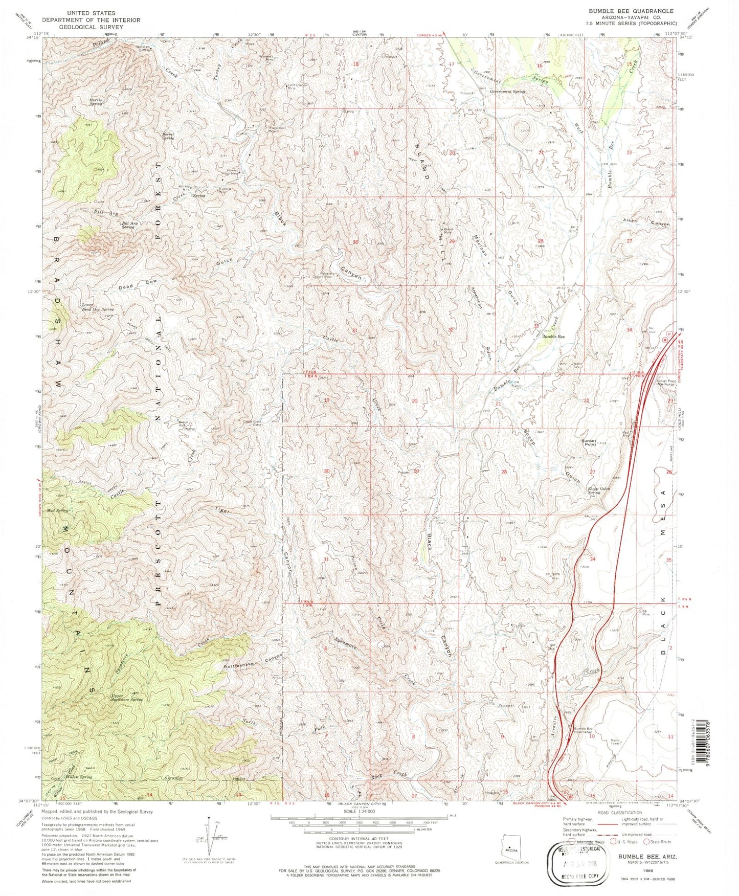 Classic USGS Bumble Bee Arizona 7.5'x7.5' Topo Map Image