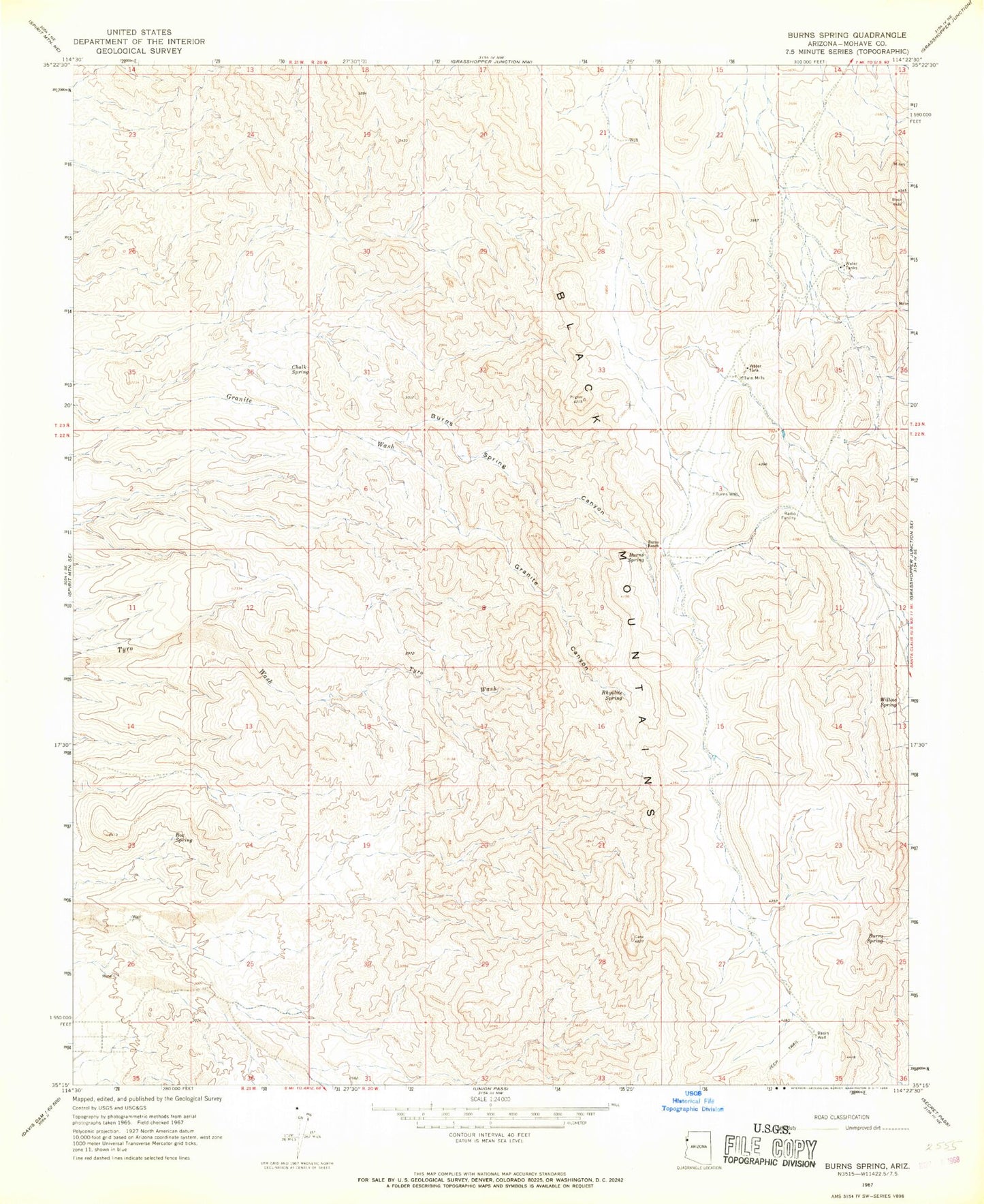 Classic USGS Burns Spring Arizona 7.5'x7.5' Topo Map Image