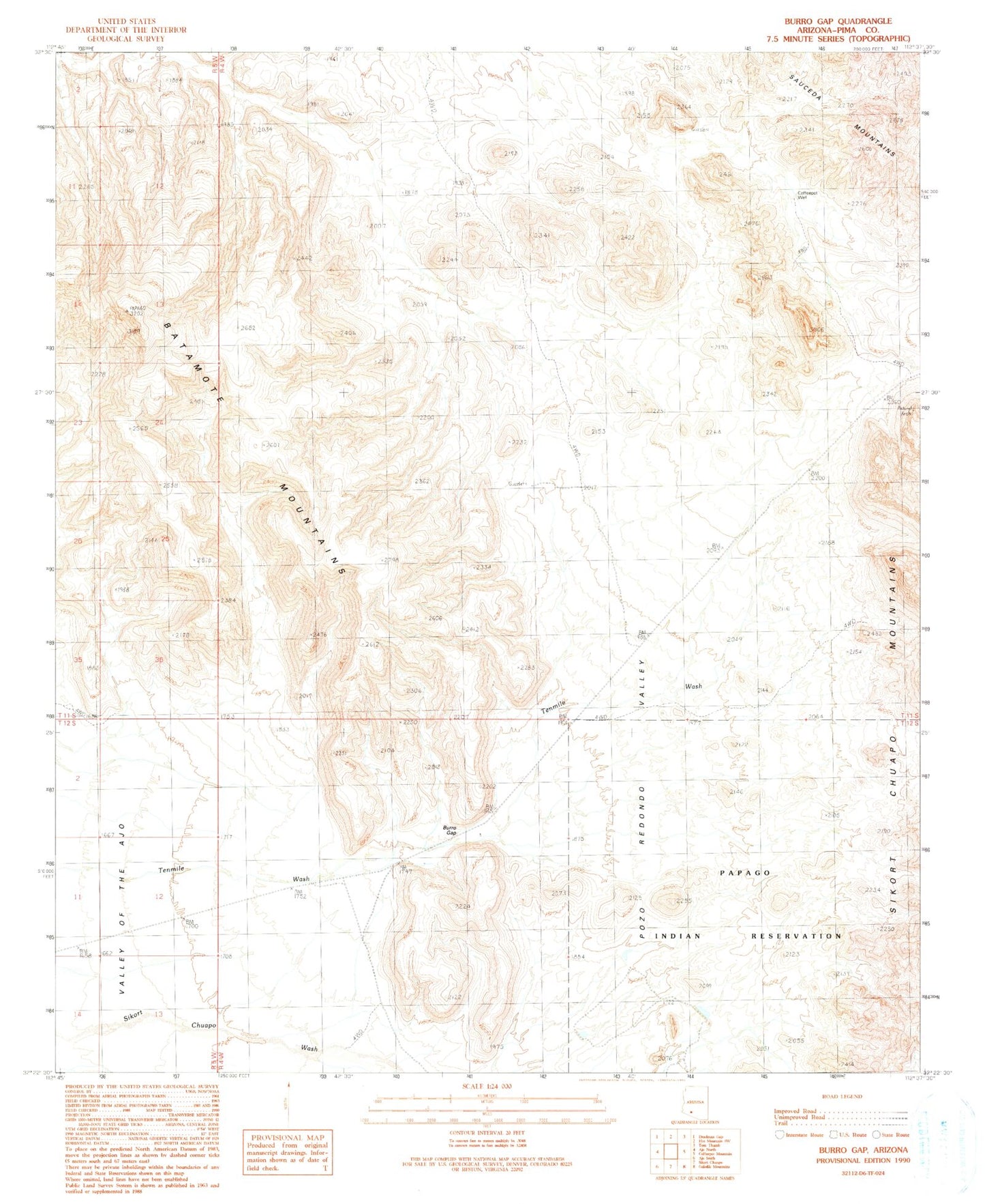 Classic USGS Burro Gap Arizona 7.5'x7.5' Topo Map Image