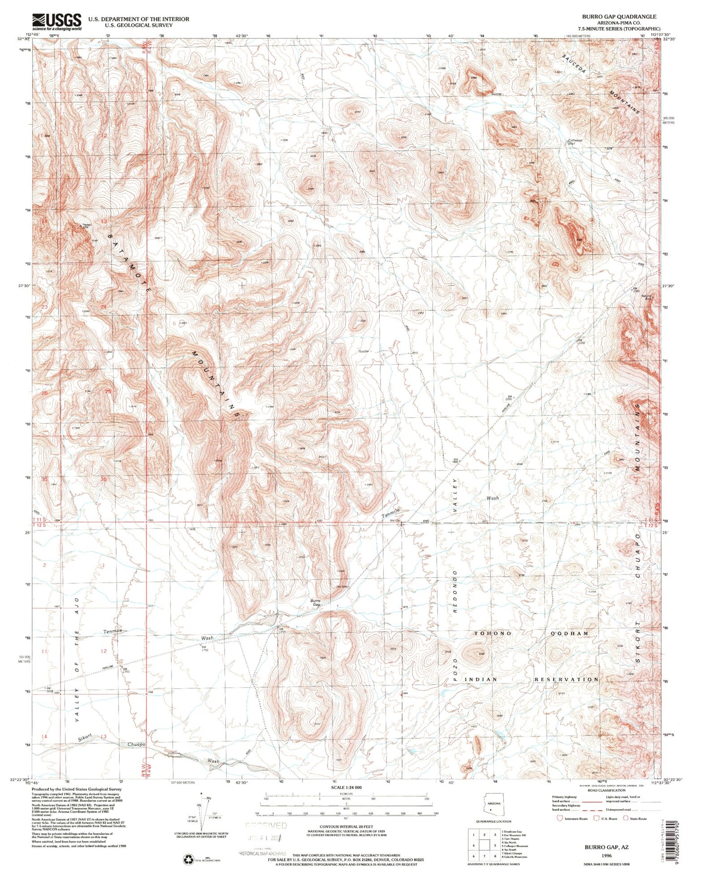 Classic USGS Burro Gap Arizona 7.5'x7.5' Topo Map Image