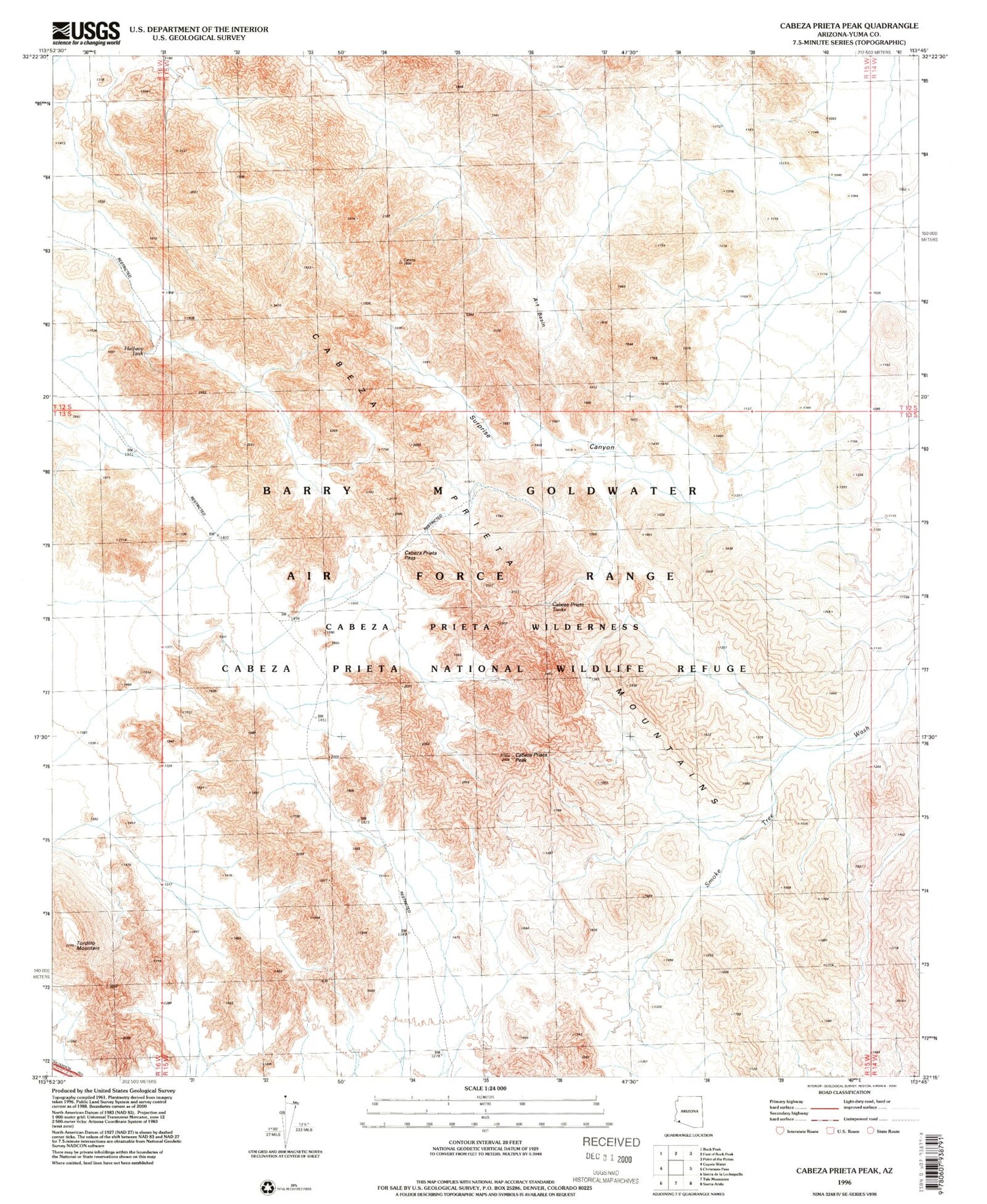 Classic USGS Cabeza Prieta Peak Arizona 7.5'x7.5' Topo Map Image