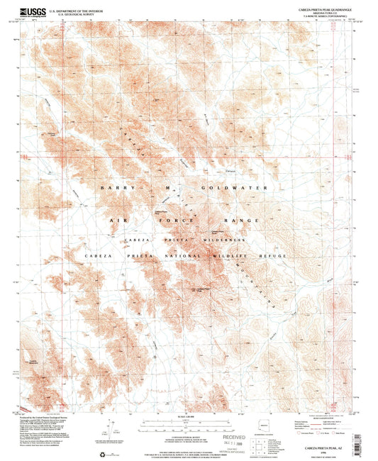 Classic USGS Cabeza Prieta Peak Arizona 7.5'x7.5' Topo Map Image