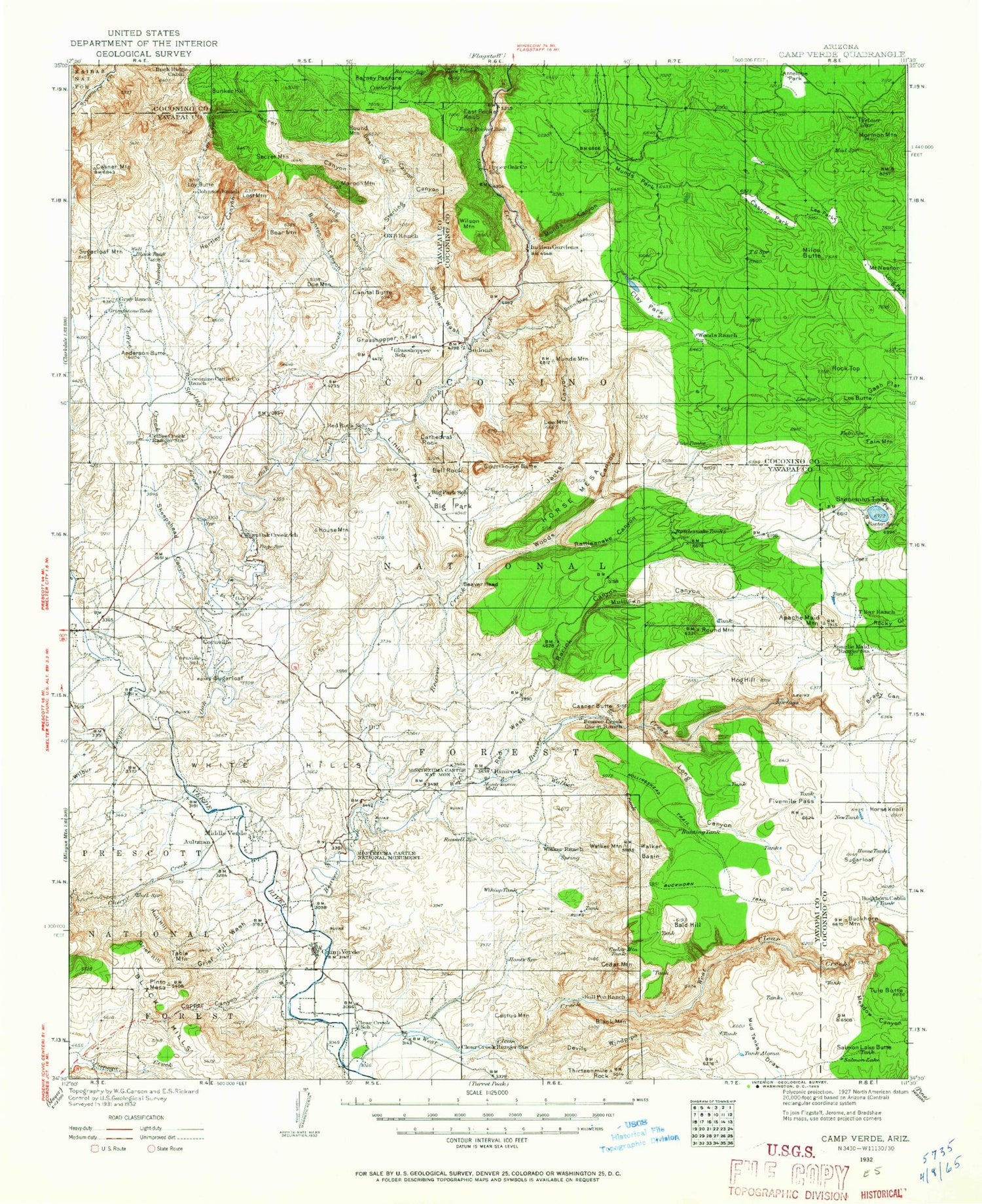 Historic 1932 Camp Verde Arizona 30'x30' Topo Map Image