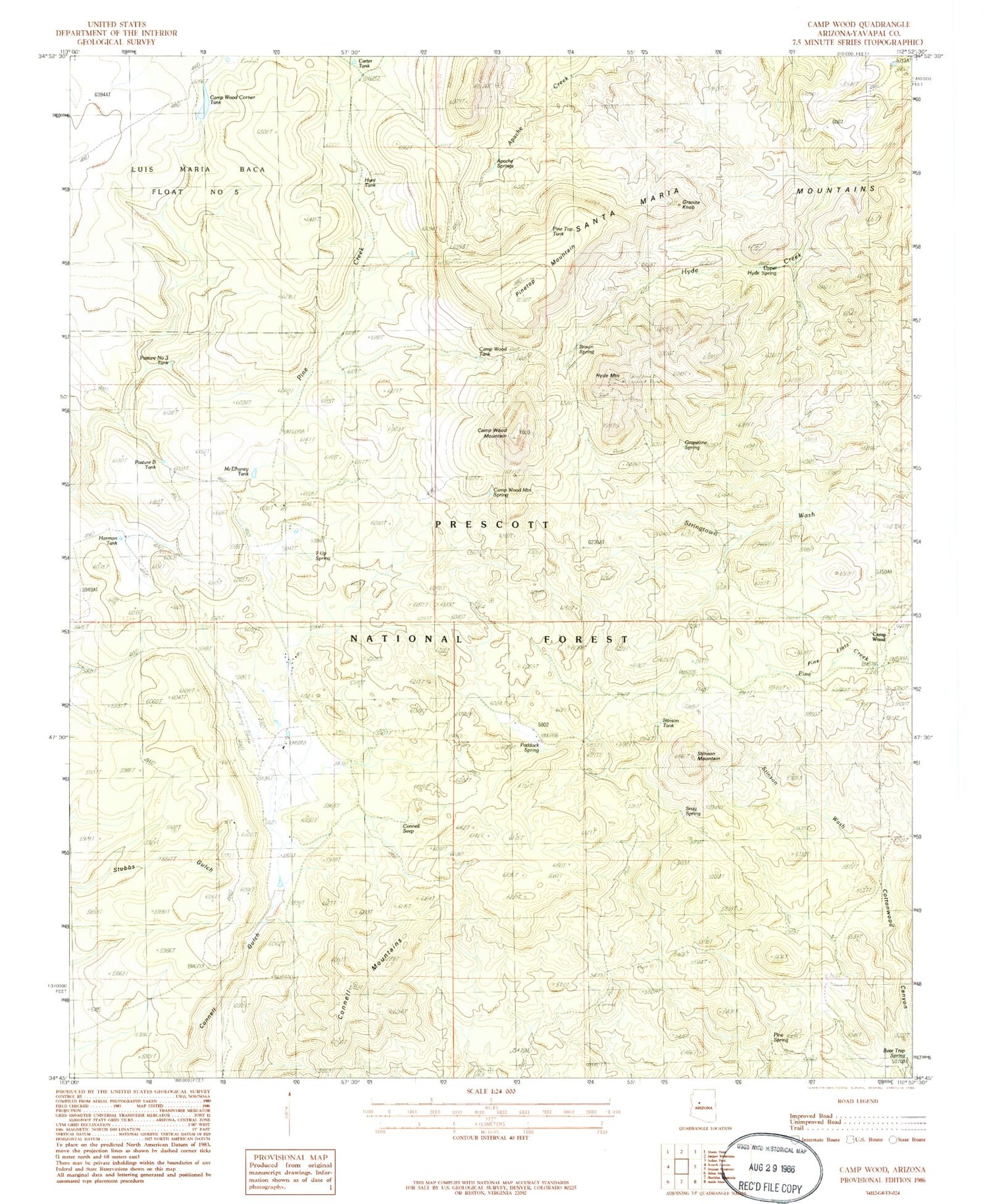 Classic USGS Camp Wood Arizona 7.5'x7.5' Topo Map Image