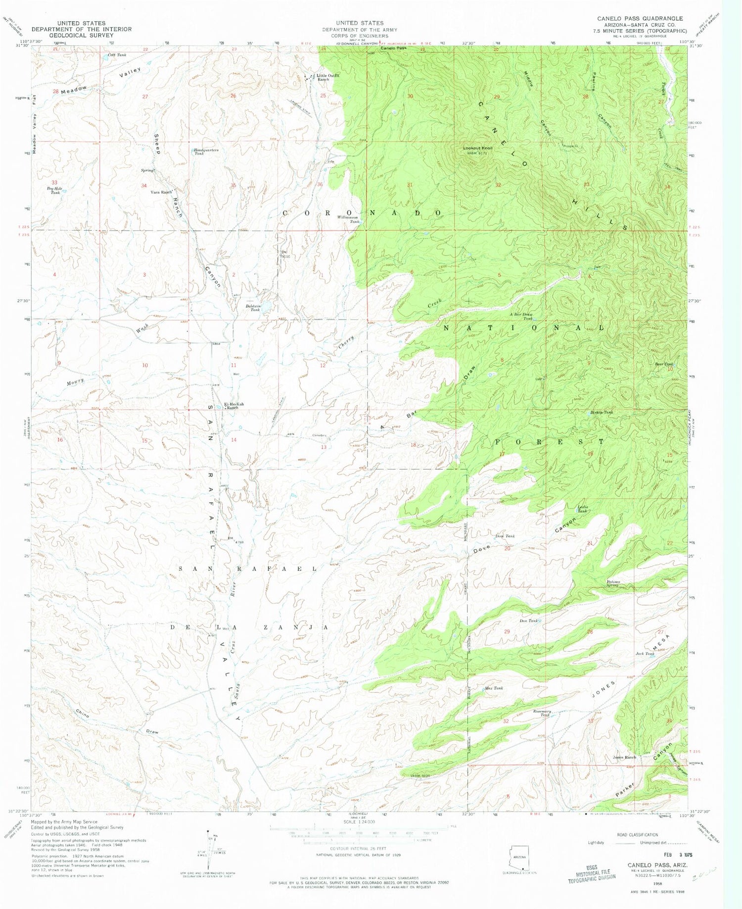 Classic USGS Canelo Pass Arizona 7.5'x7.5' Topo Map Image