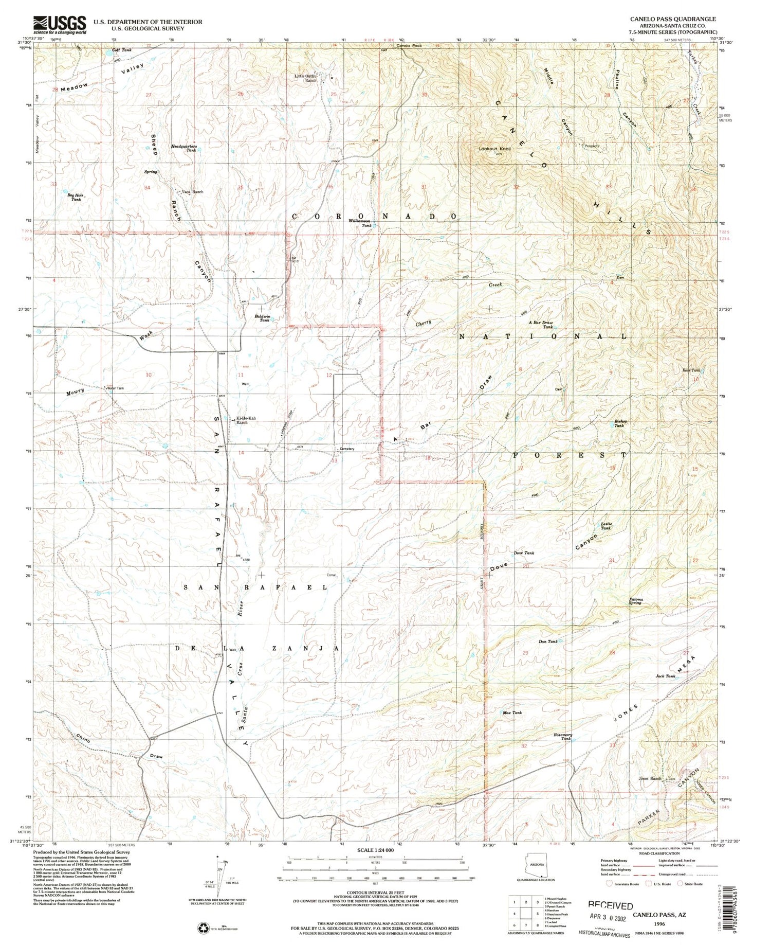 Classic USGS Canelo Pass Arizona 7.5'x7.5' Topo Map Image