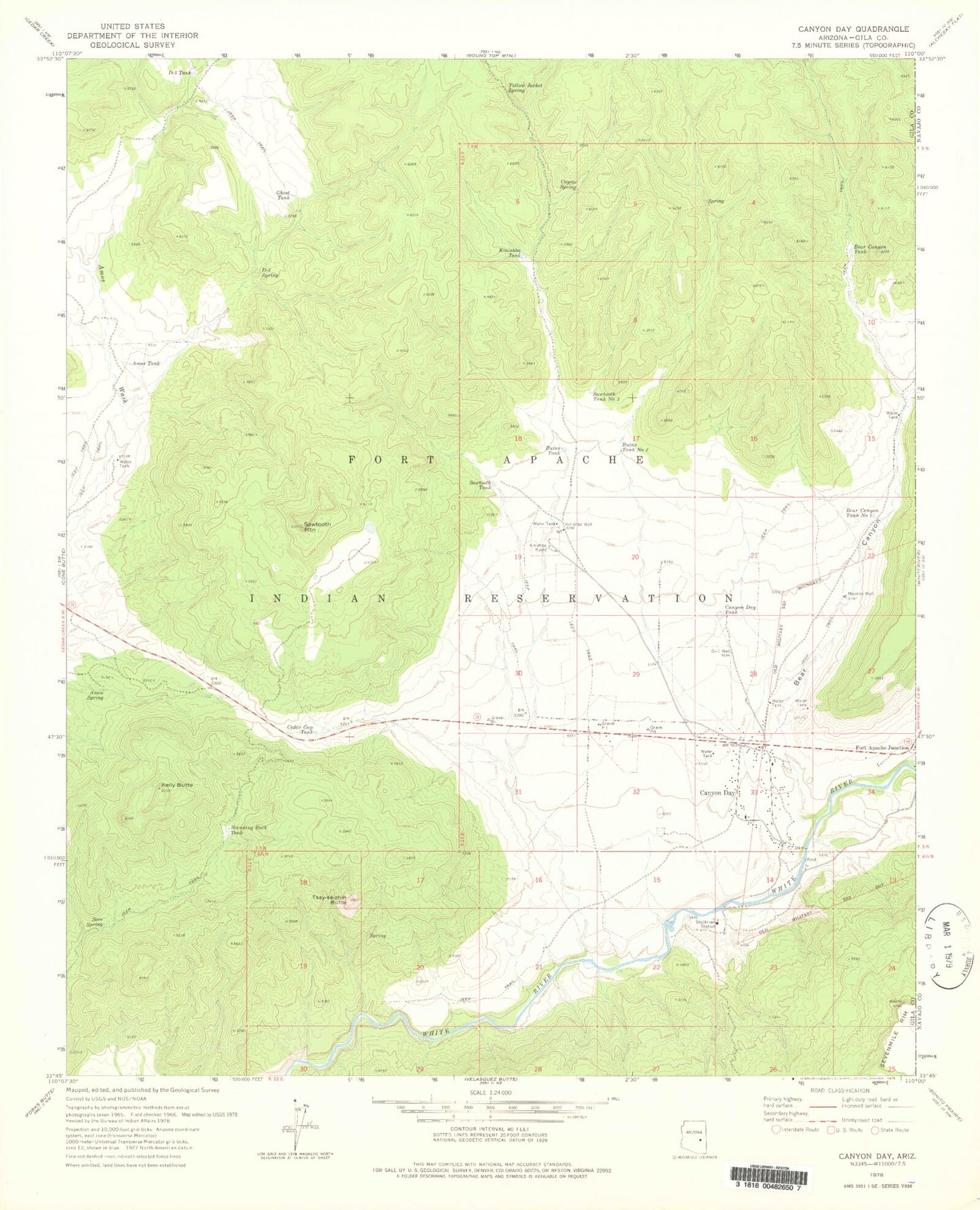Classic USGS Canyon Day Arizona 7.5'x7.5' Topo Map Image