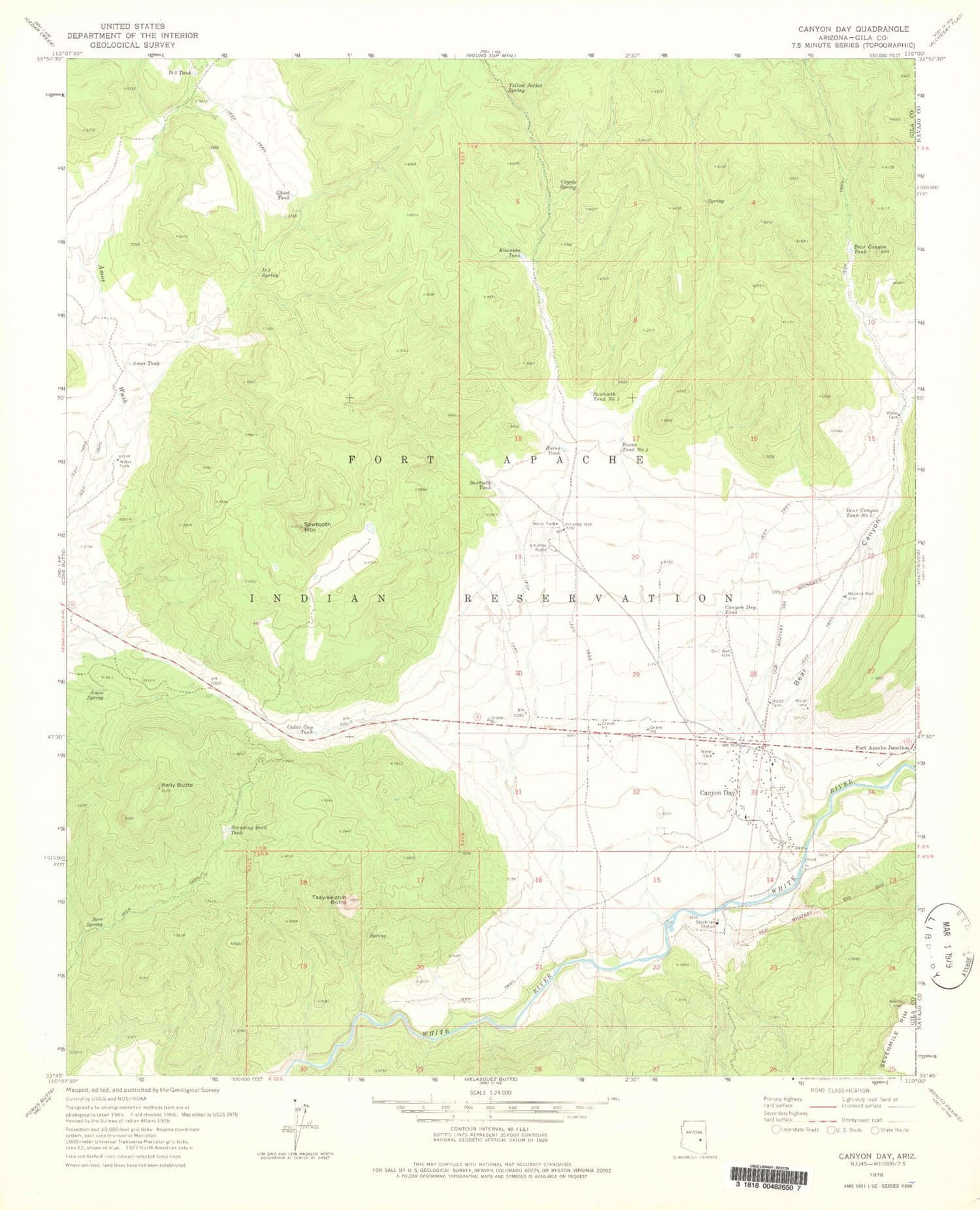 Classic USGS Canyon Day Arizona 7.5'x7.5' Topo Map Image
