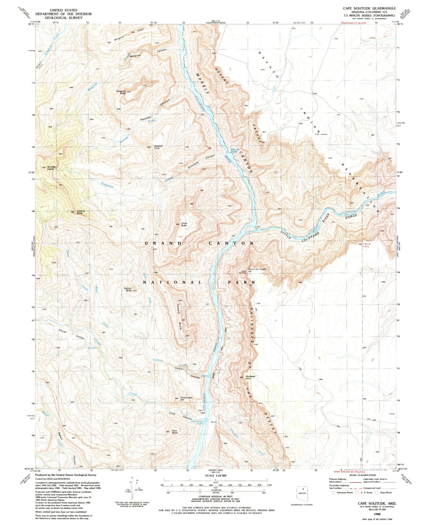 Classic USGS Cape Solitude Arizona 7.5'x7.5' Topo Map Image