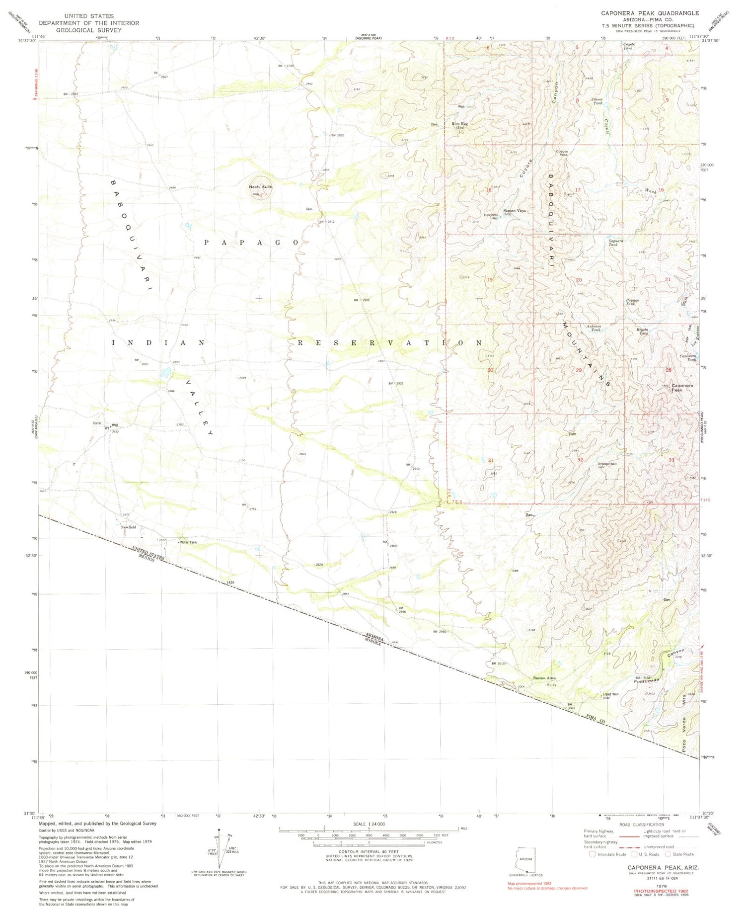 Classic USGS Caponera Peak Arizona 7.5'x7.5' Topo Map Image