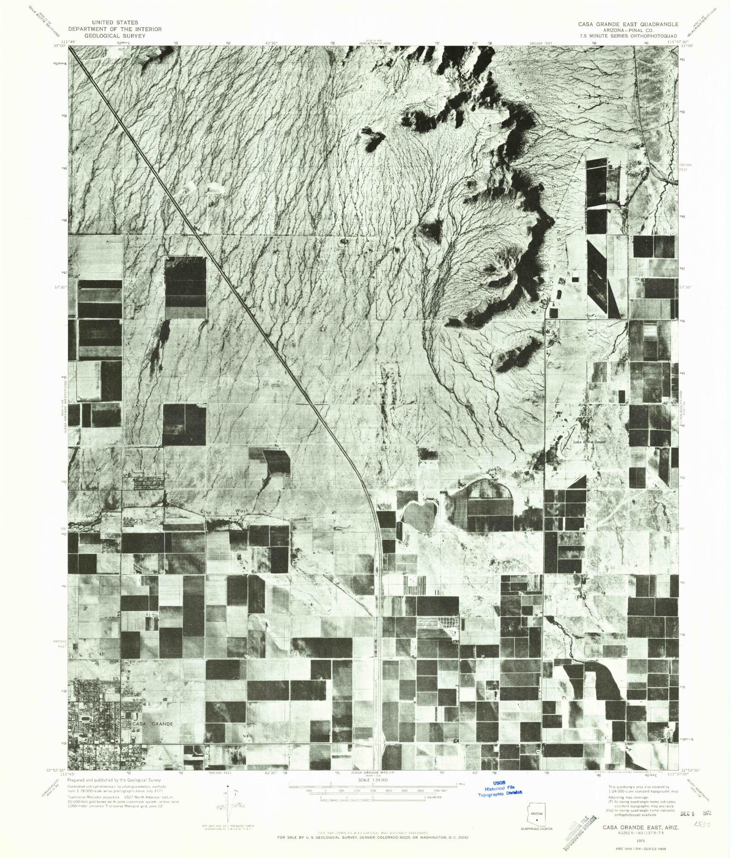 Classic USGS Casa Grande East Arizona 7.5'x7.5' Topo Map Image