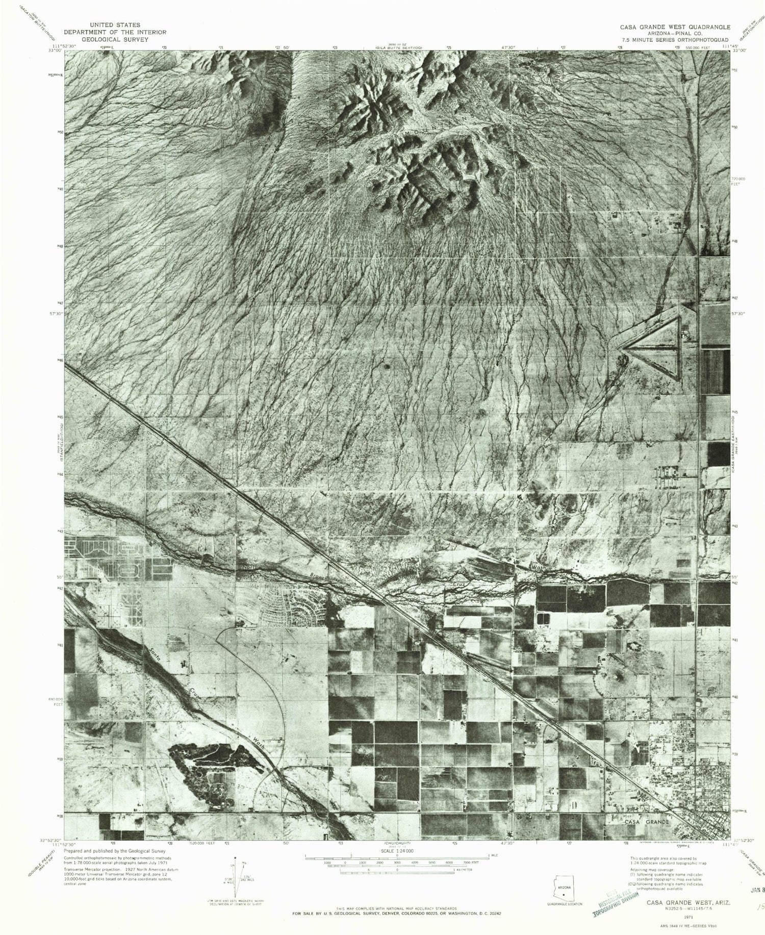 Classic USGS Casa Grande West Arizona 7.5'x7.5' Topo Map Image