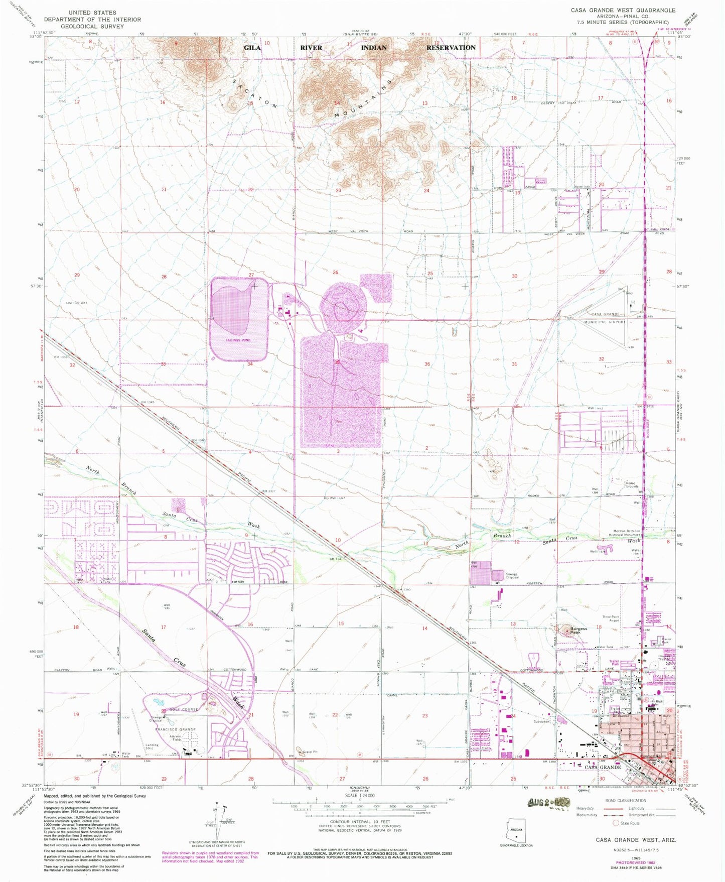 Classic USGS Casa Grande West Arizona 7.5'x7.5' Topo Map Image