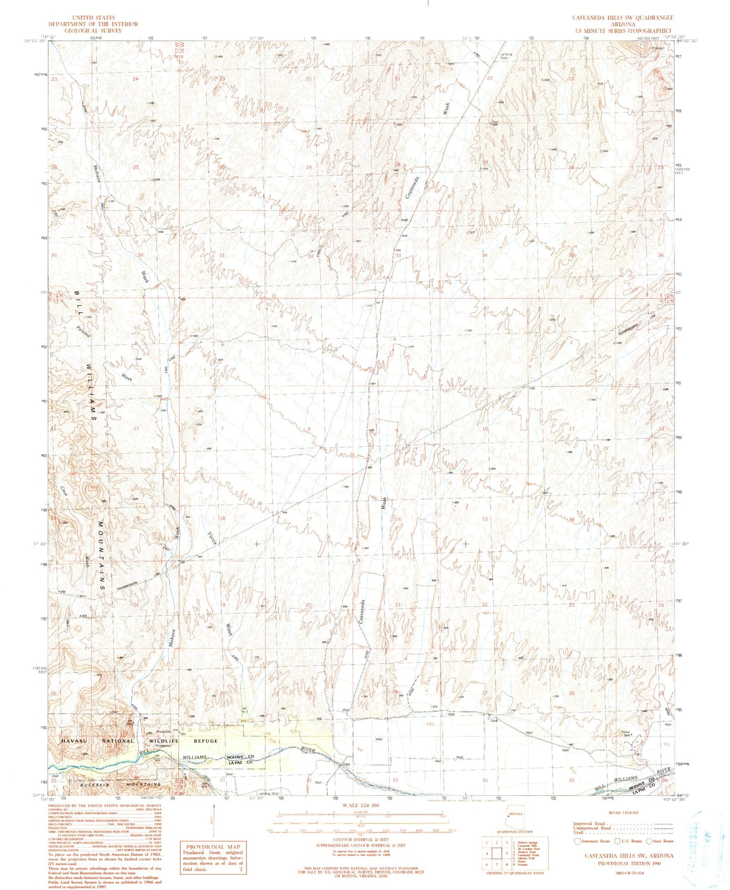 Classic USGS Castaneda Hills SW Arizona 7.5'x7.5' Topo Map Image