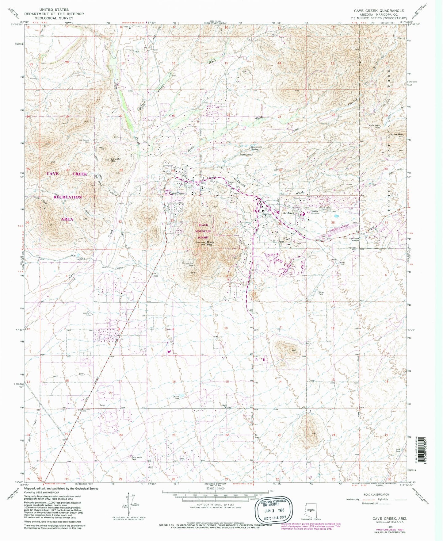 Classic USGS Cave Creek Arizona 7.5'x7.5' Topo Map Image