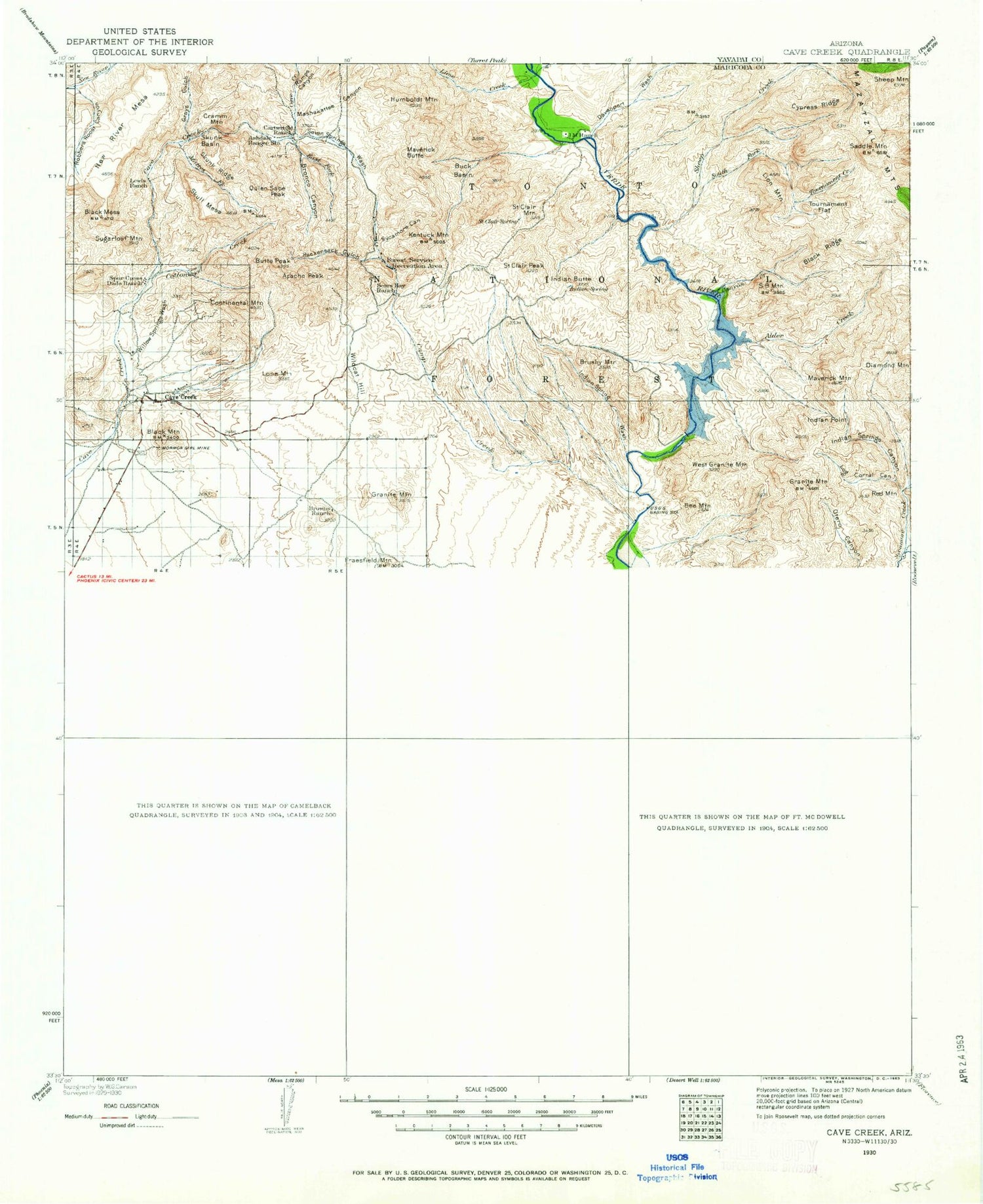 Historic 1930 Cave Creek Arizona 30'x30' Topo Map Image