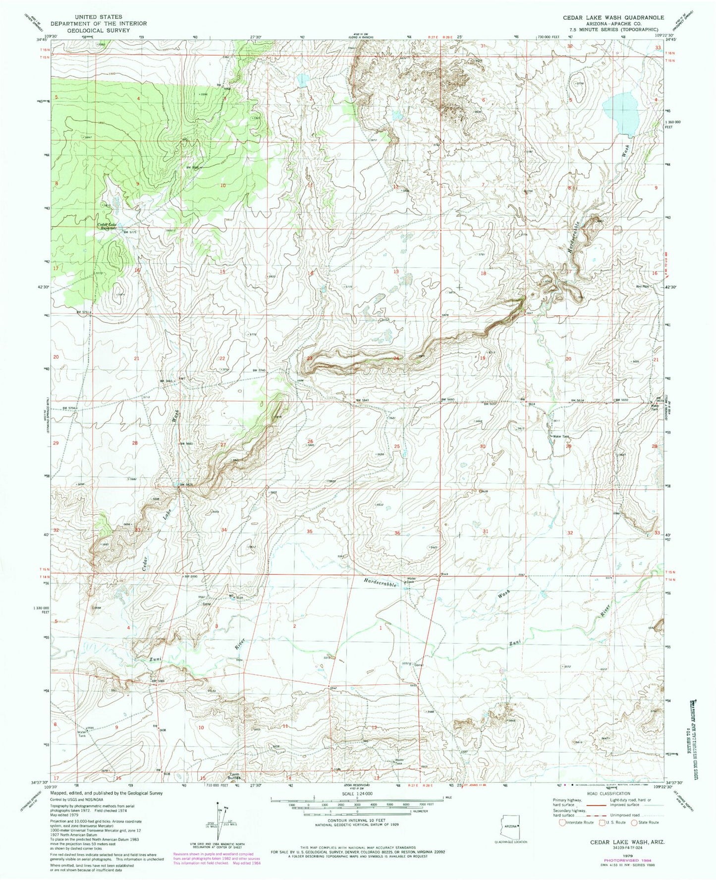 Classic USGS Cedar Lake Wash Arizona 7.5'x7.5' Topo Map Image