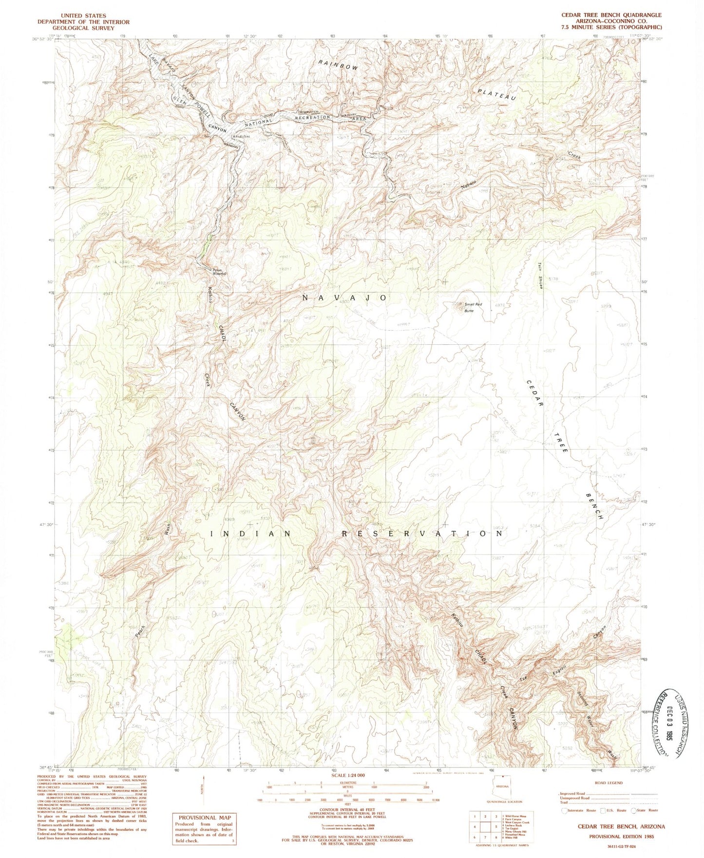 Classic USGS Cedar Tree Bench Arizona 7.5'x7.5' Topo Map Image