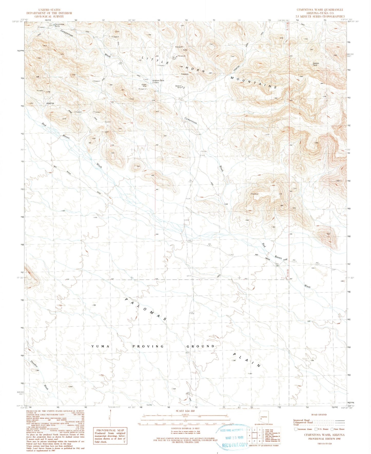 Classic USGS Cementosa Wash Arizona 7.5'x7.5' Topo Map Image