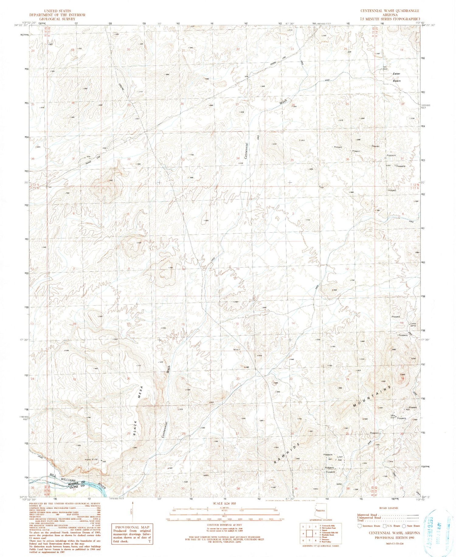 Classic USGS Centennial Wash Arizona 7.5'x7.5' Topo Map Image