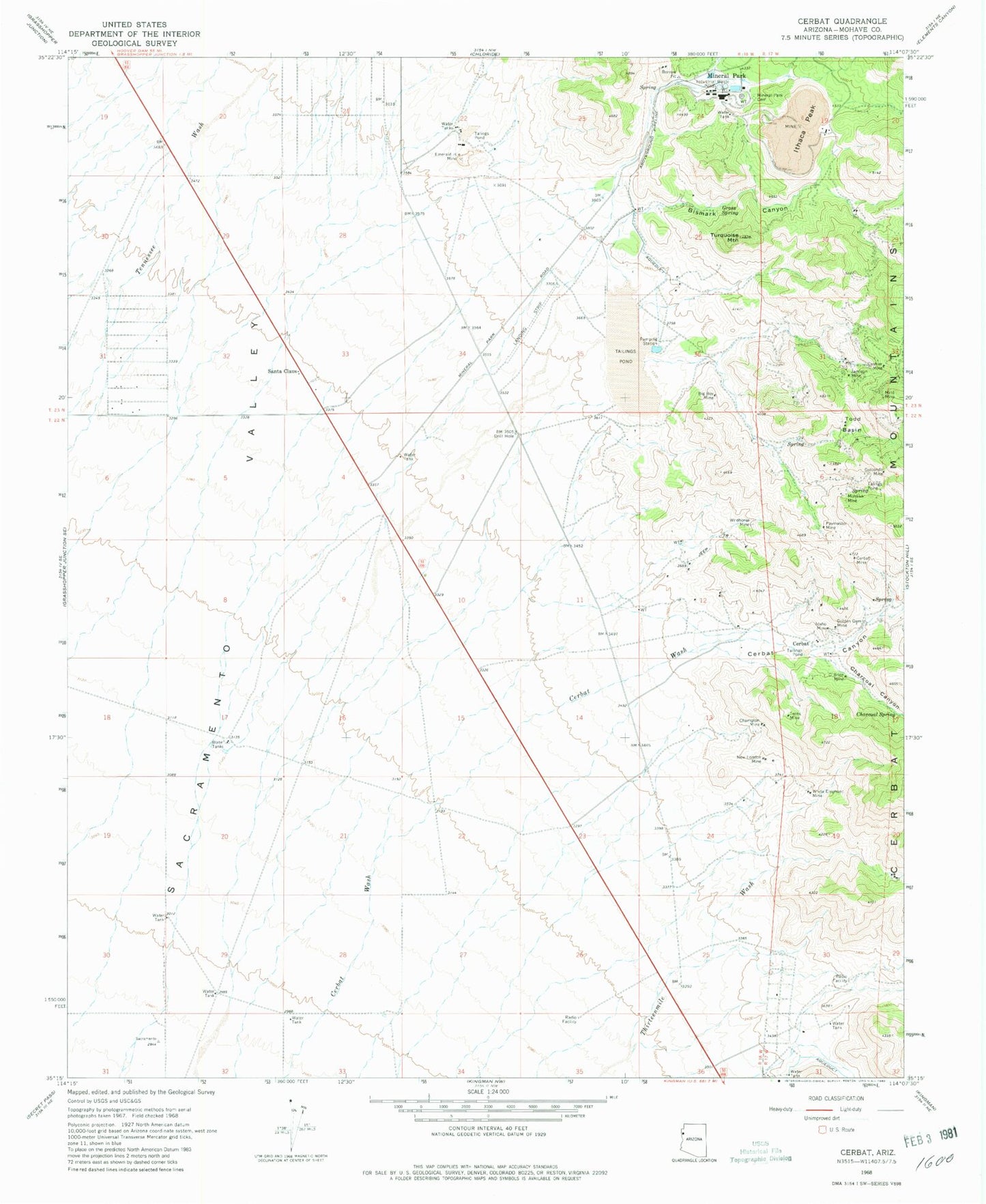 Classic USGS Cerbat Arizona 7.5'x7.5' Topo Map Image