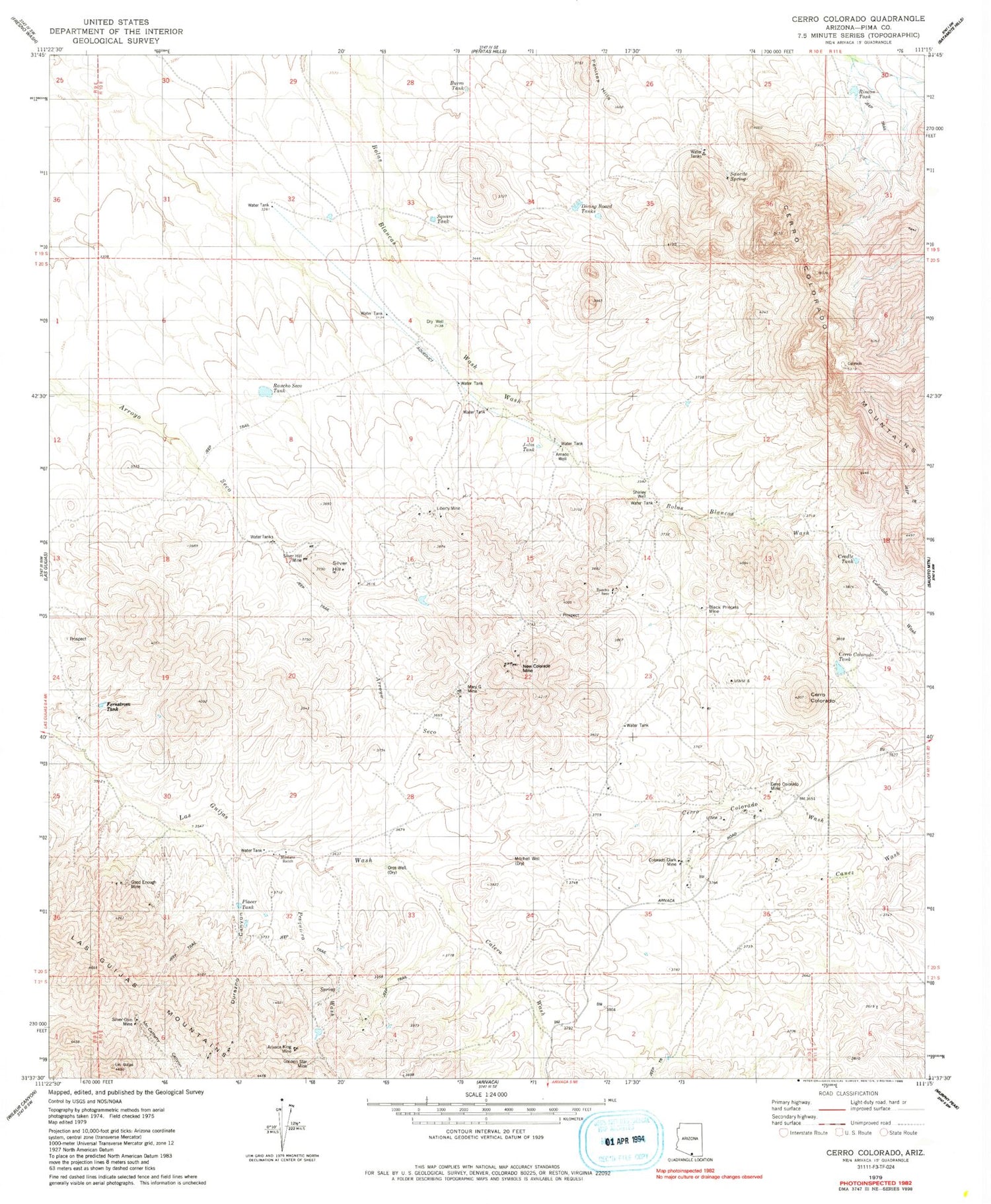 Classic USGS Cerro Colorado Arizona 7.5'x7.5' Topo Map Image