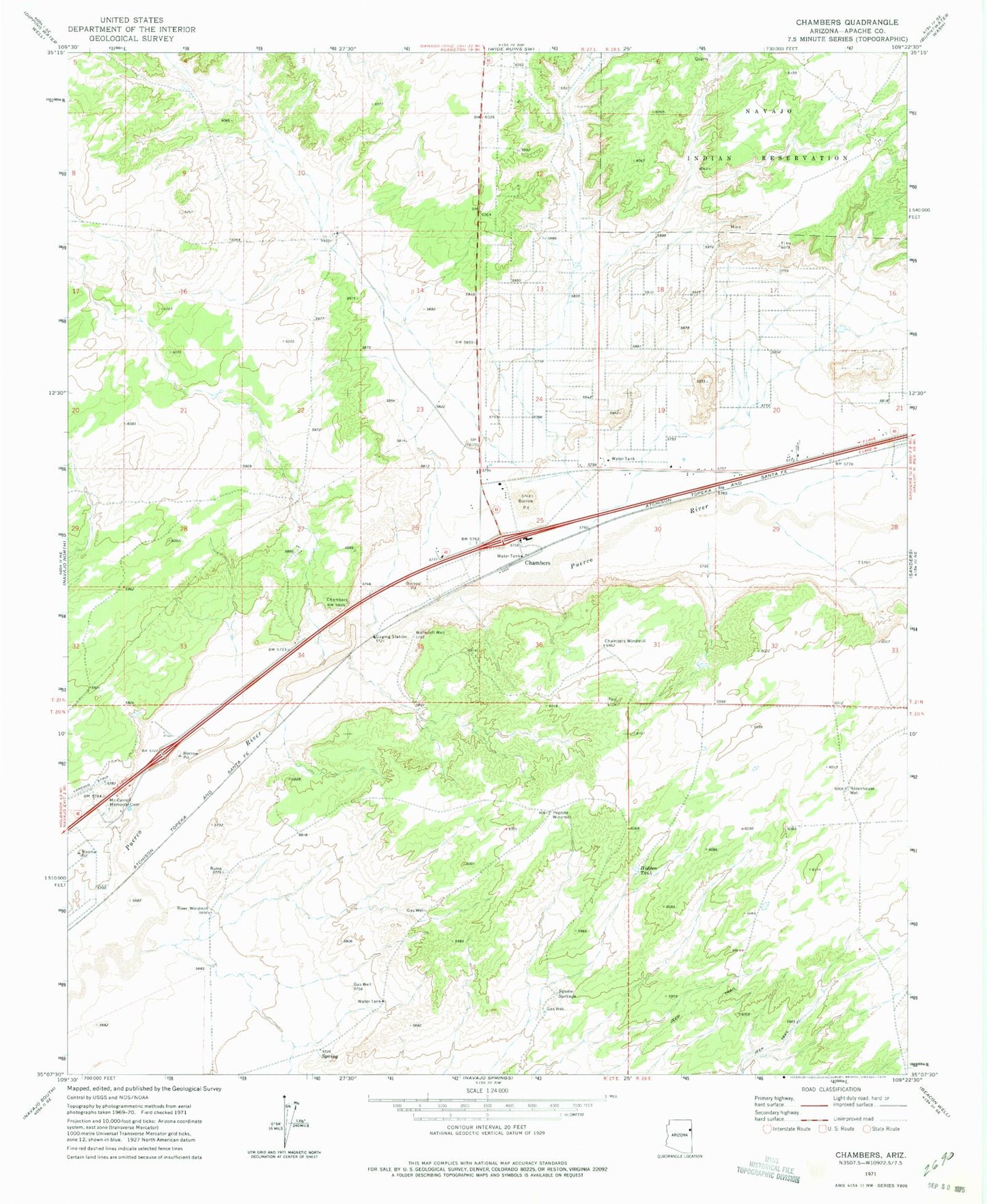 Classic USGS Chambers Arizona 7.5'x7.5' Topo Map Image