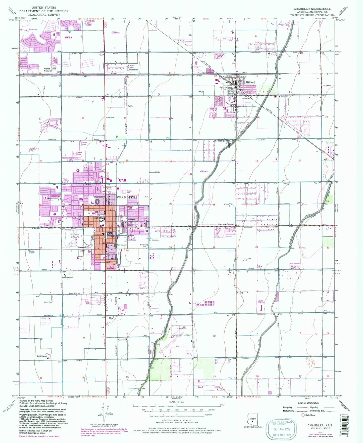 Classic USGS Chandler Arizona 7.5'x7.5' Topo Map Image