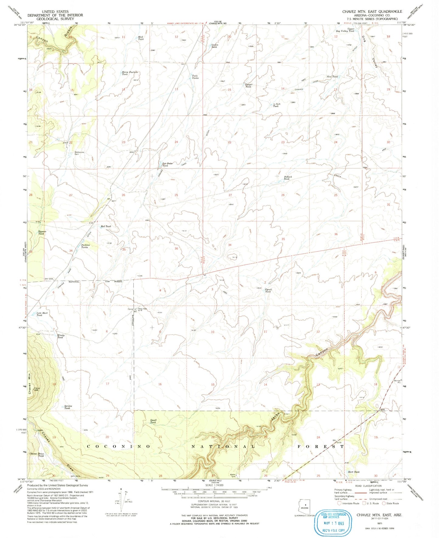 Classic USGS Chavez Mountain East Arizona 7.5'x7.5' Topo Map Image