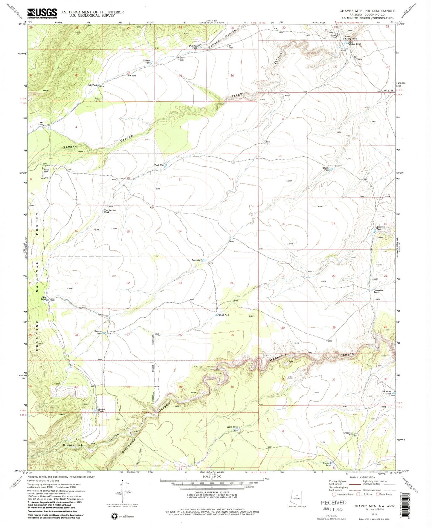 Classic USGS Chavez Mountain NW Arizona 7.5'x7.5' Topo Map Image
