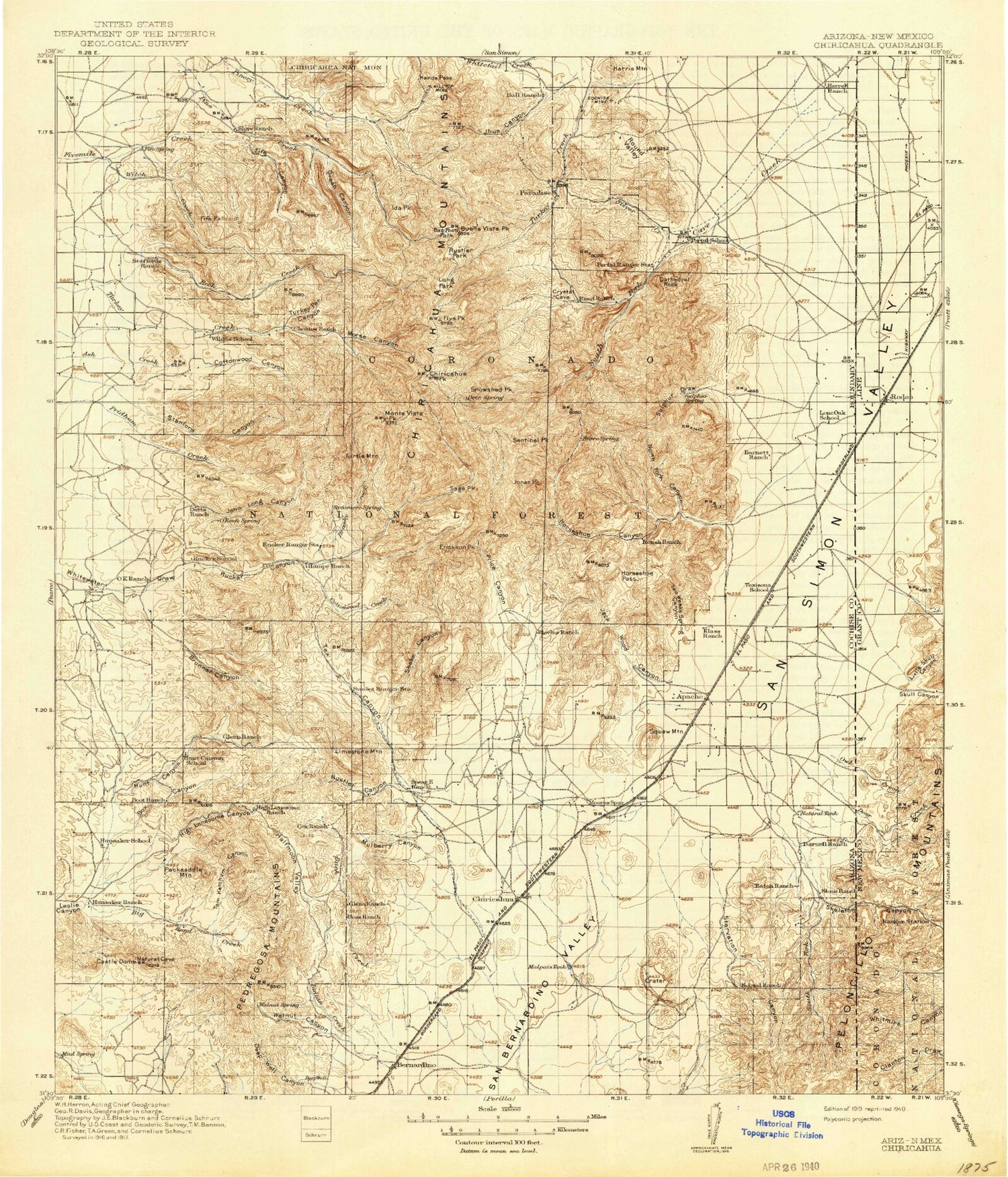 Historic 1919 Chiricahua Arizona 30'x30' Topo Map Image