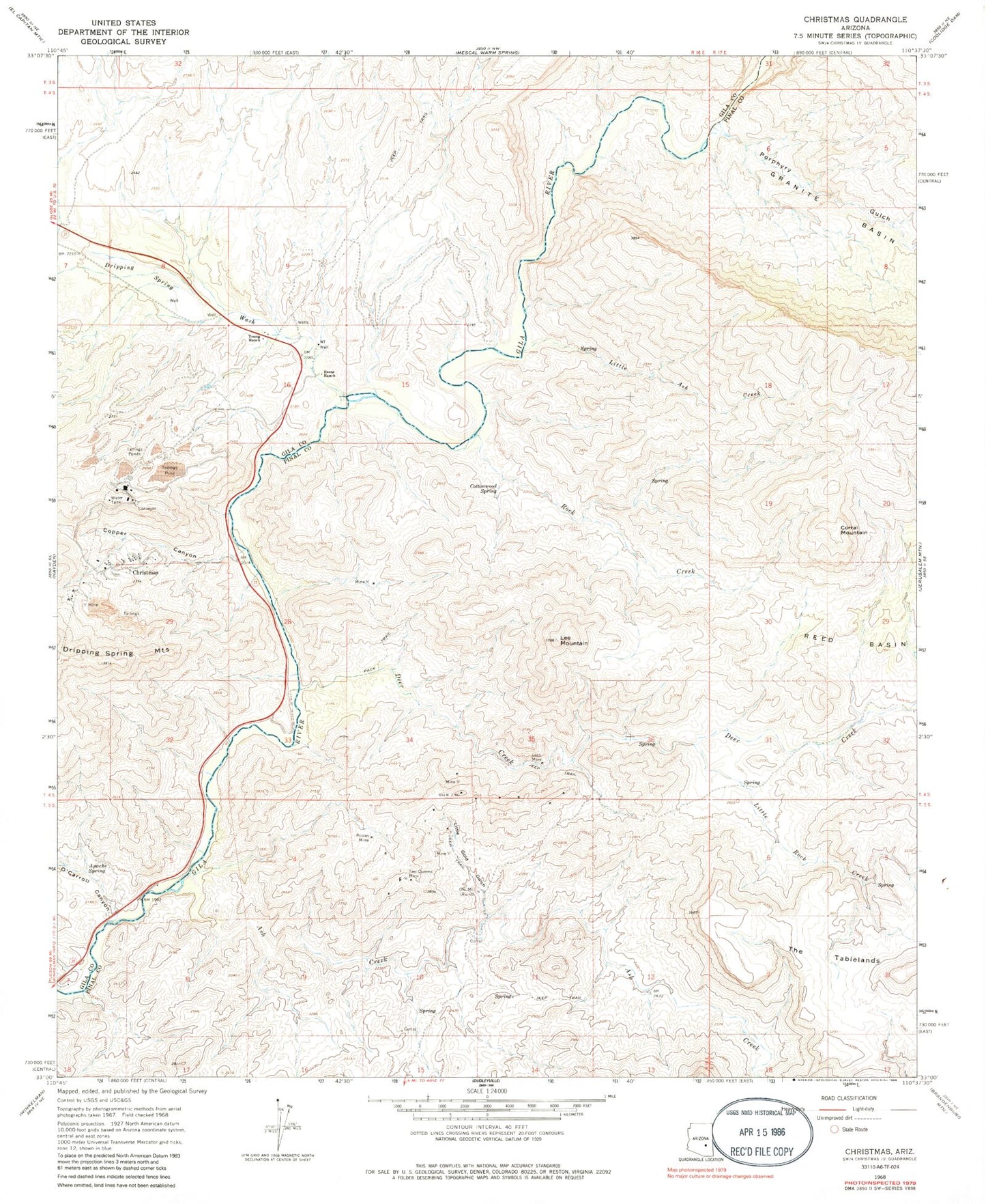Classic USGS Christmas Arizona 7.5'x7.5' Topo Map Image