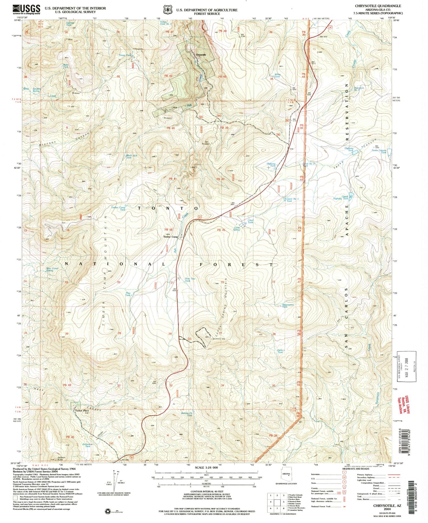 Classic USGS Chrysotile Arizona 7.5'x7.5' Topo Map Image
