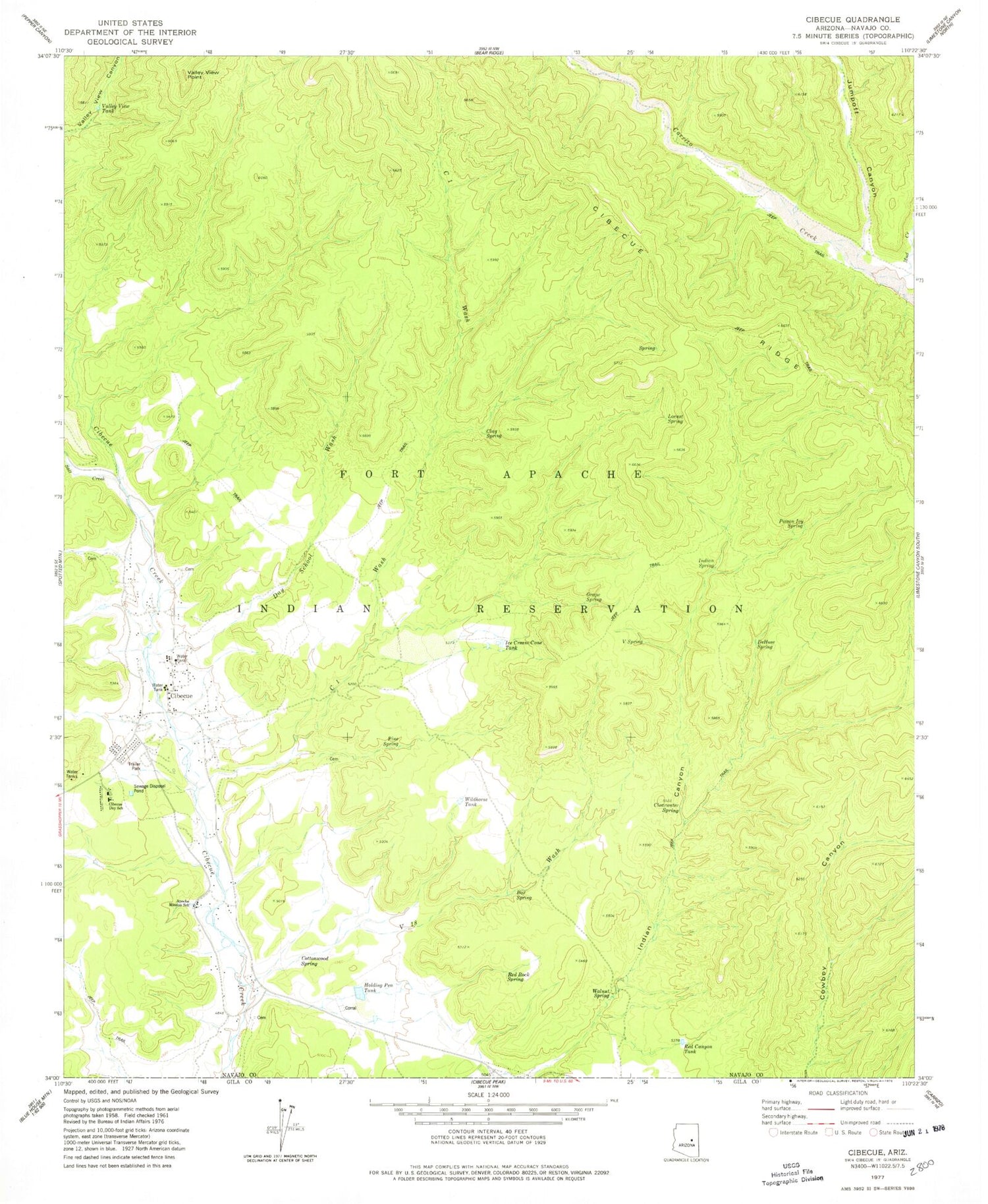 Classic USGS Cibecue Arizona 7.5'x7.5' Topo Map Image