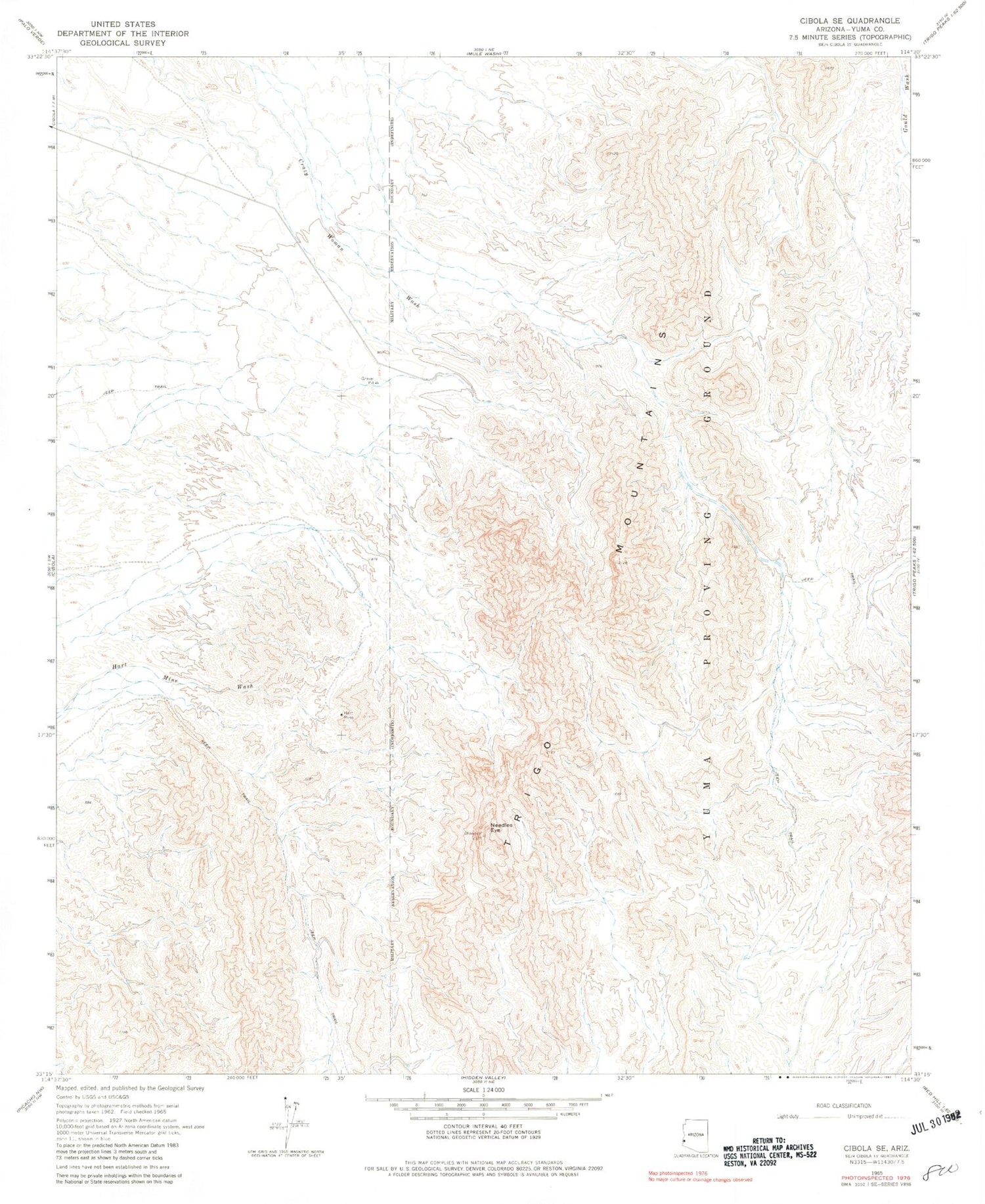 Classic USGS Cibola SE Arizona 7.5'x7.5' Topo Map Image