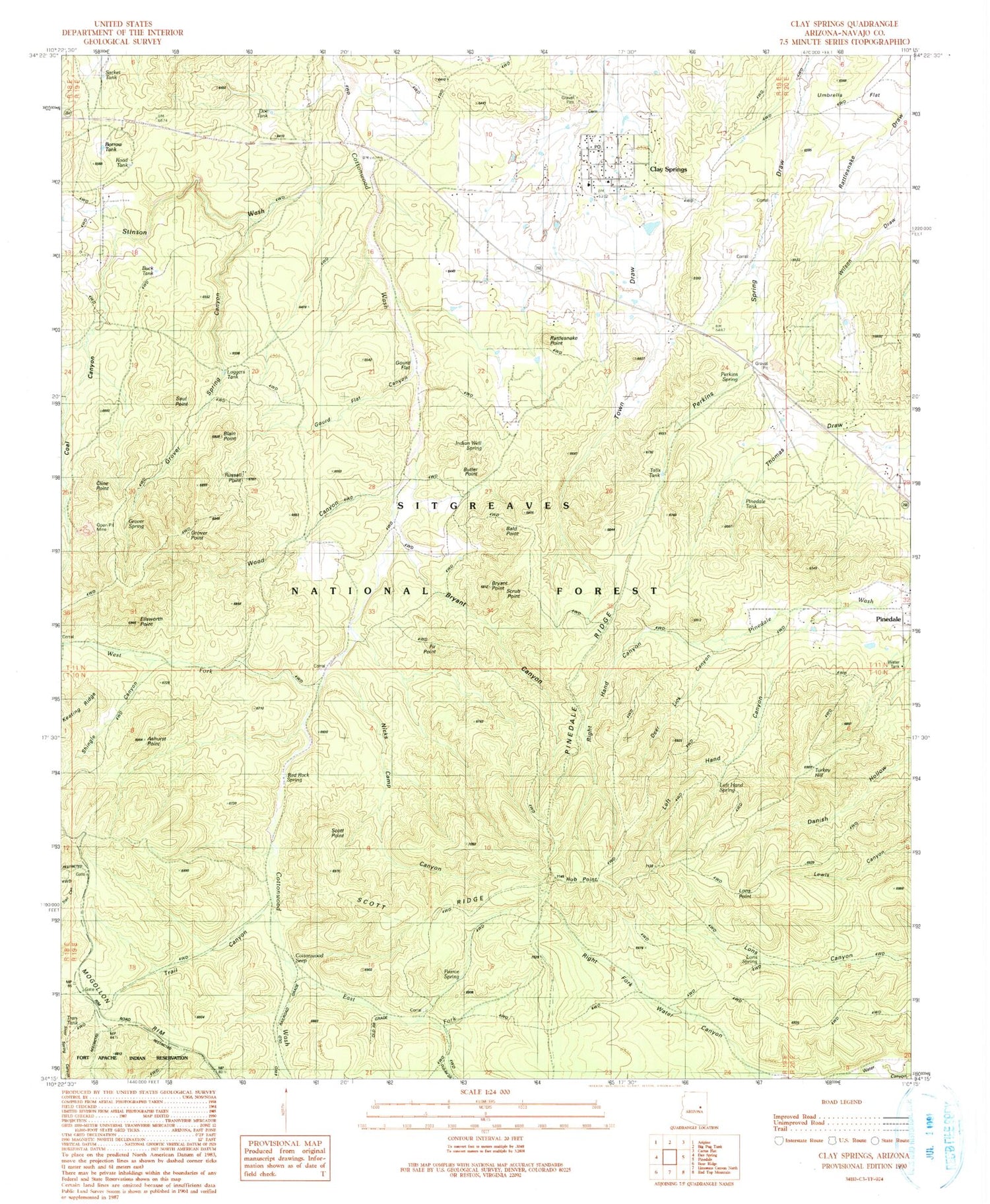 Classic USGS Clay Springs Arizona 7.5'x7.5' Topo Map Image