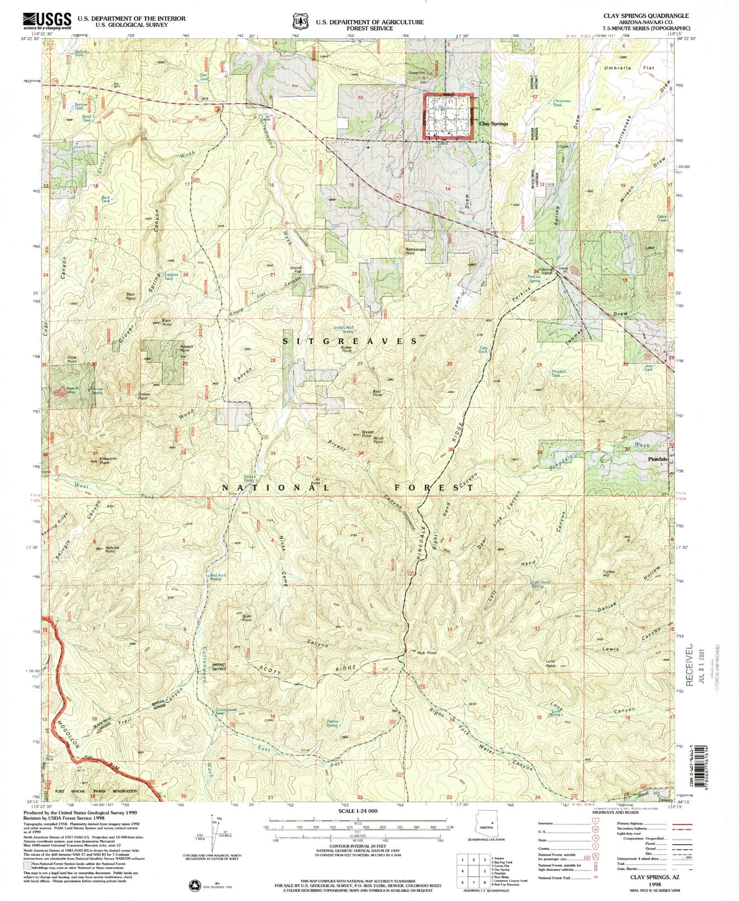 Classic USGS Clay Springs Arizona 7.5'x7.5' Topo Map Image