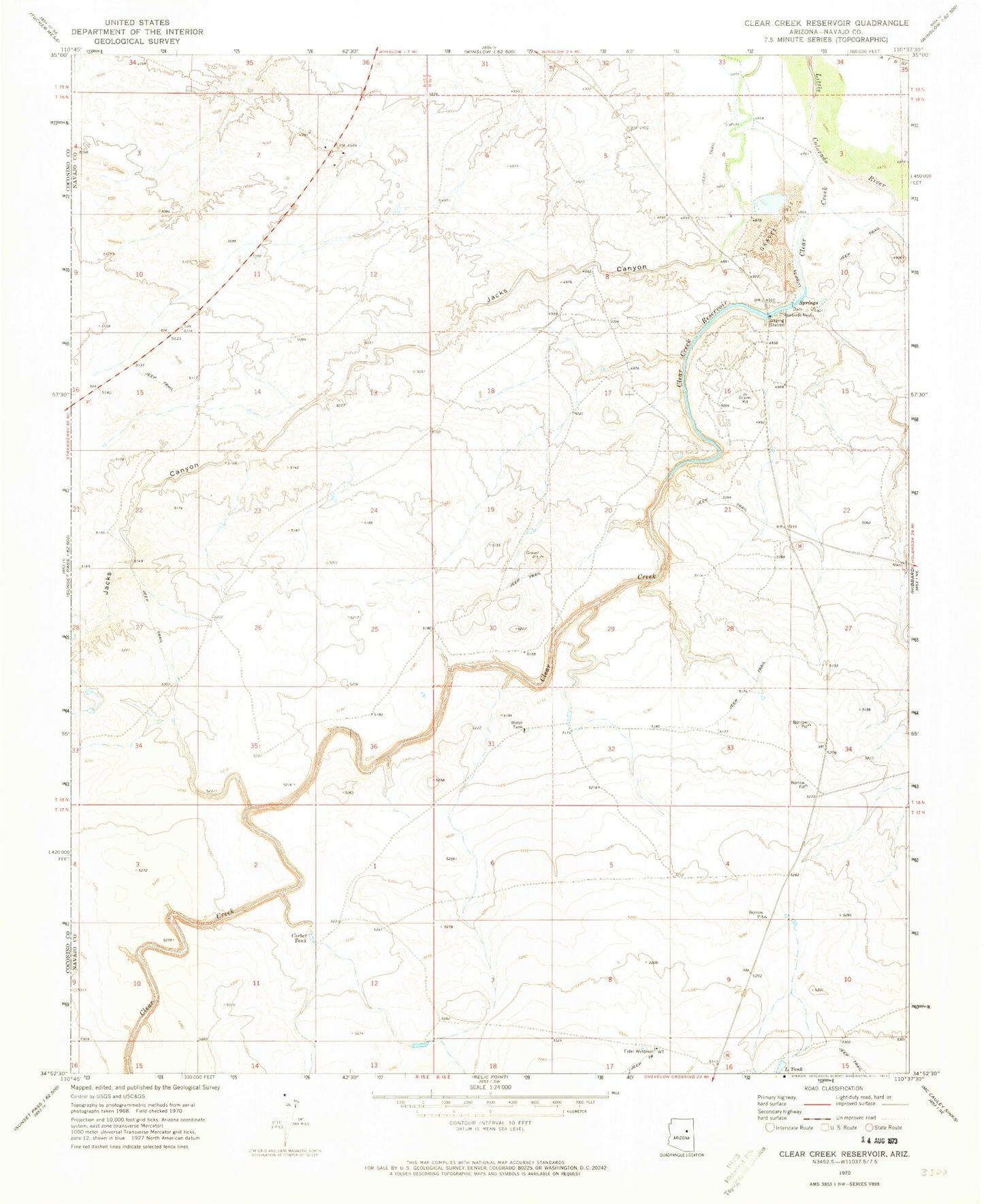 Classic USGS Clear Creek Reservoir Arizona 7.5'x7.5' Topo Map Image