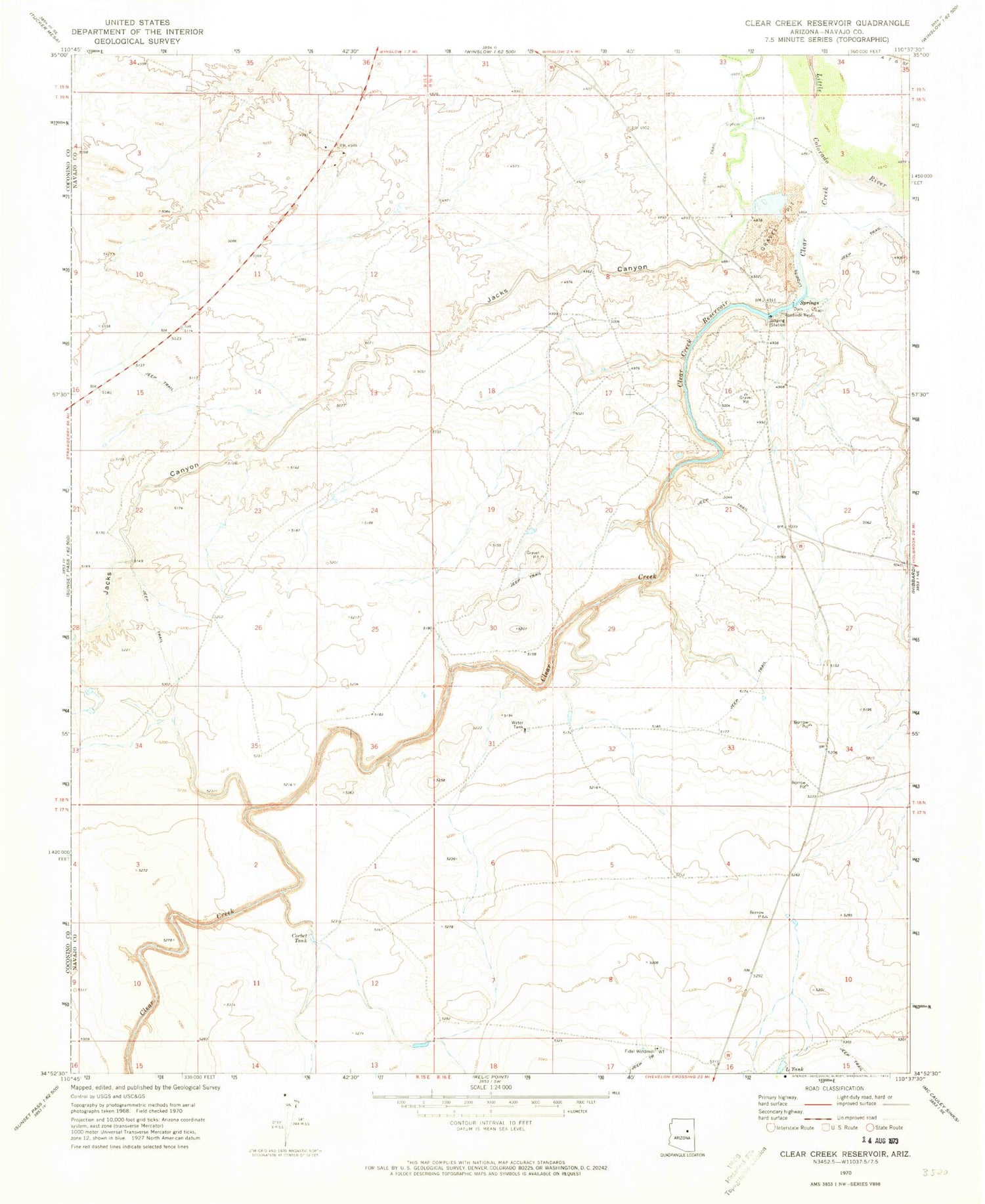 Classic USGS Clear Creek Reservoir Arizona 7.5'x7.5' Topo Map Image