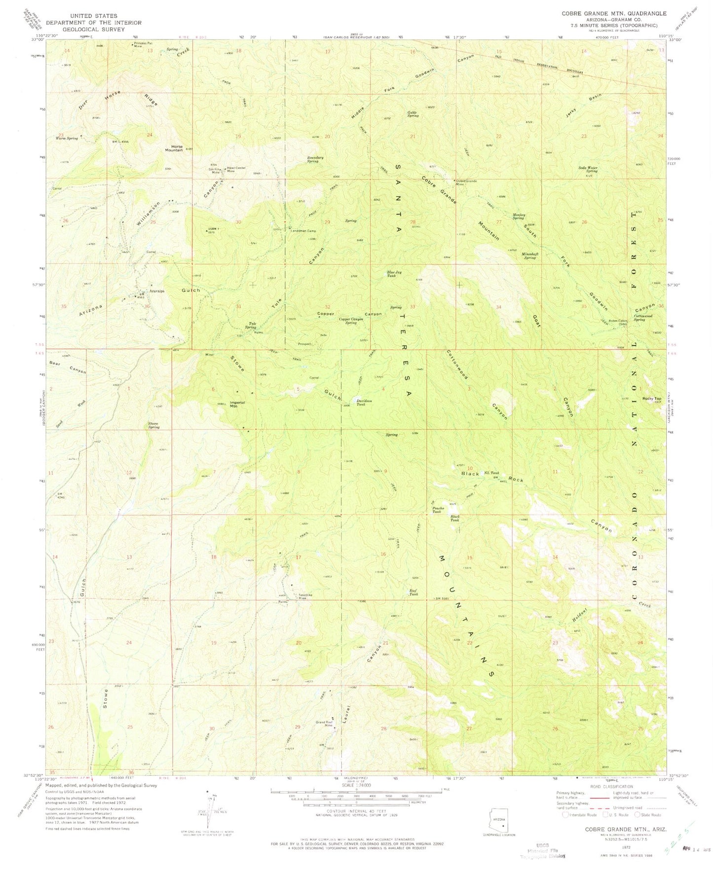 Classic USGS Cobre Grande Mountain Arizona 7.5'x7.5' Topo Map Image