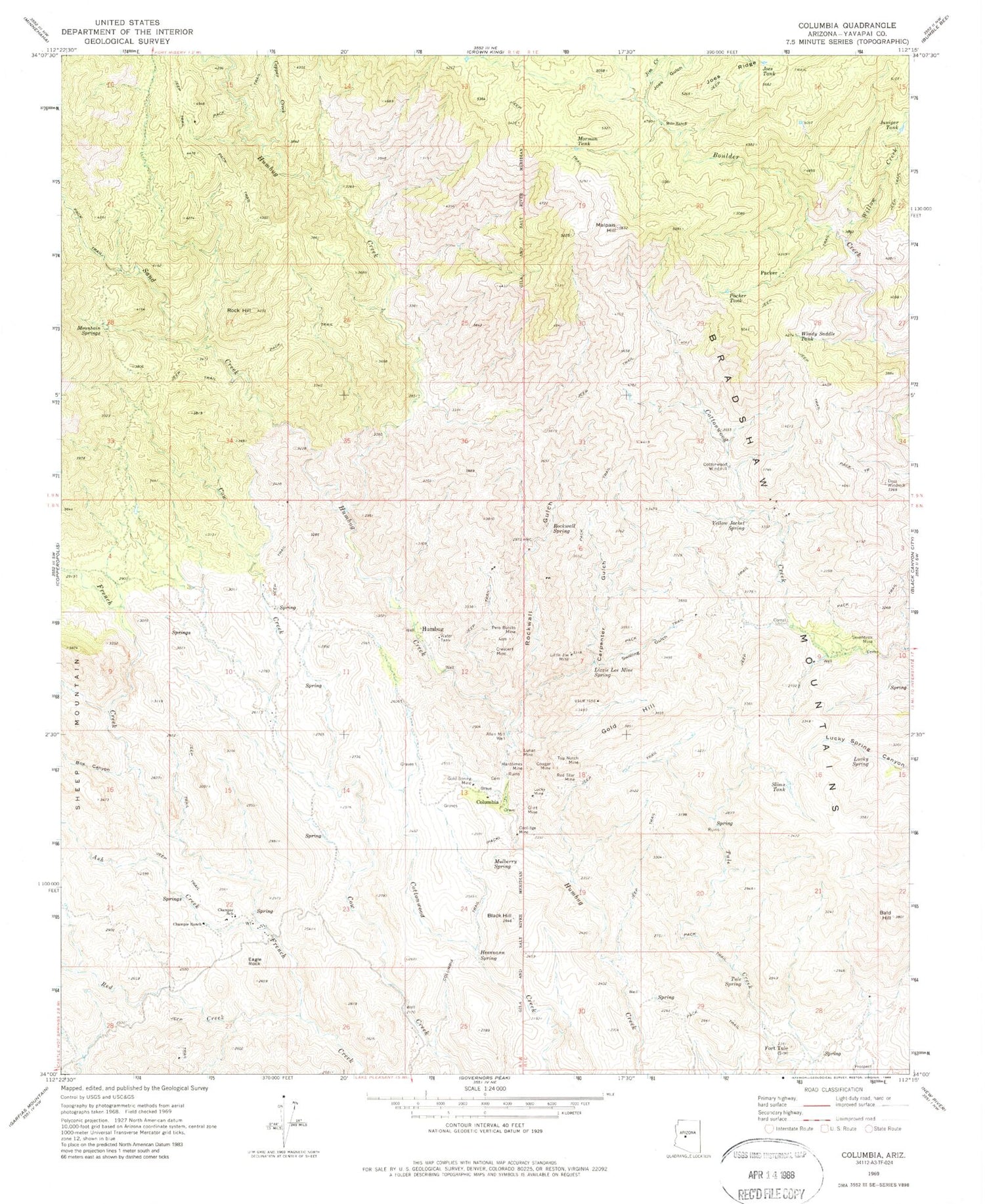 Classic USGS Columbia Arizona 7.5'x7.5' Topo Map Image