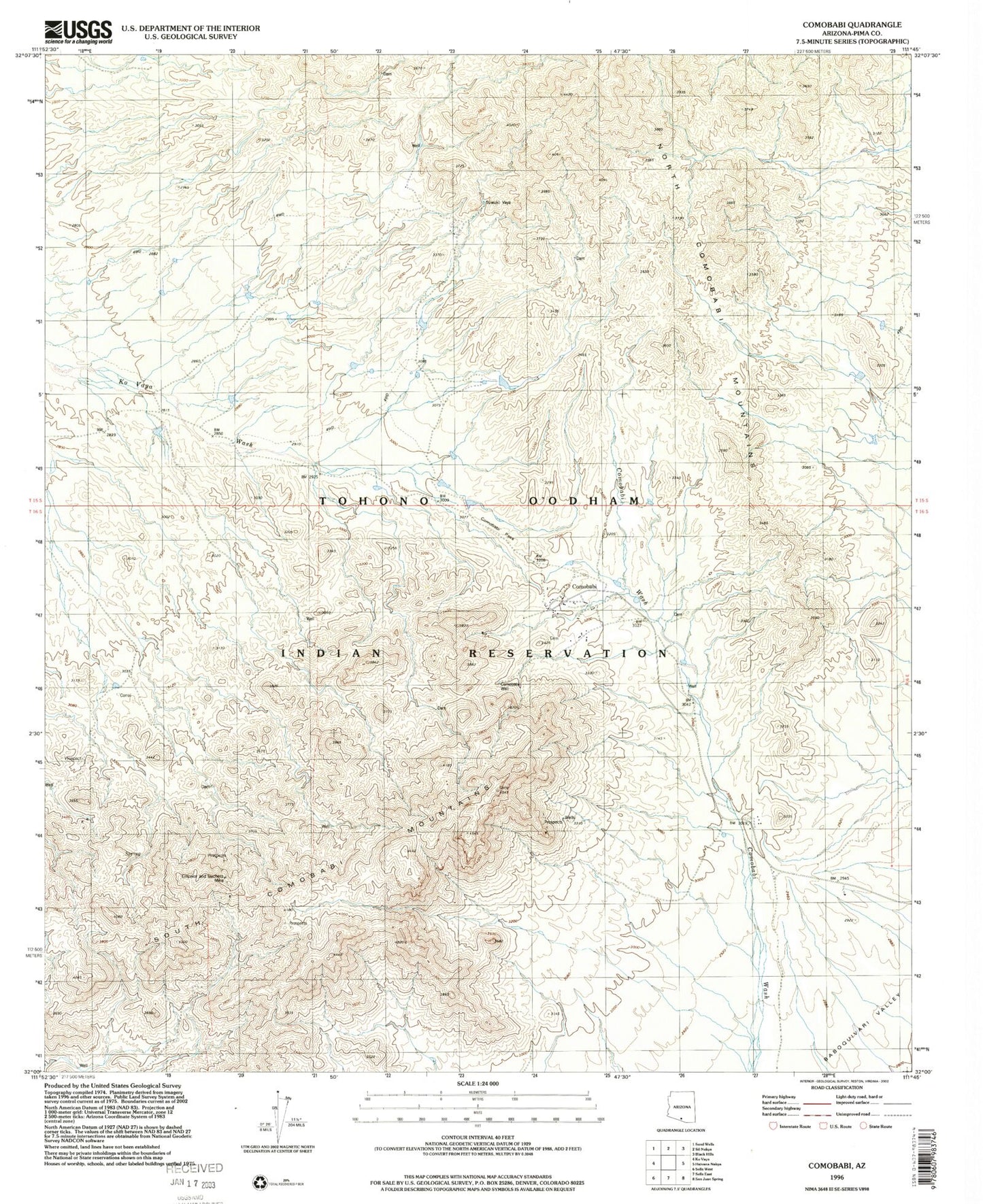 Classic USGS Comobabi Arizona 7.5'x7.5' Topo Map Image
