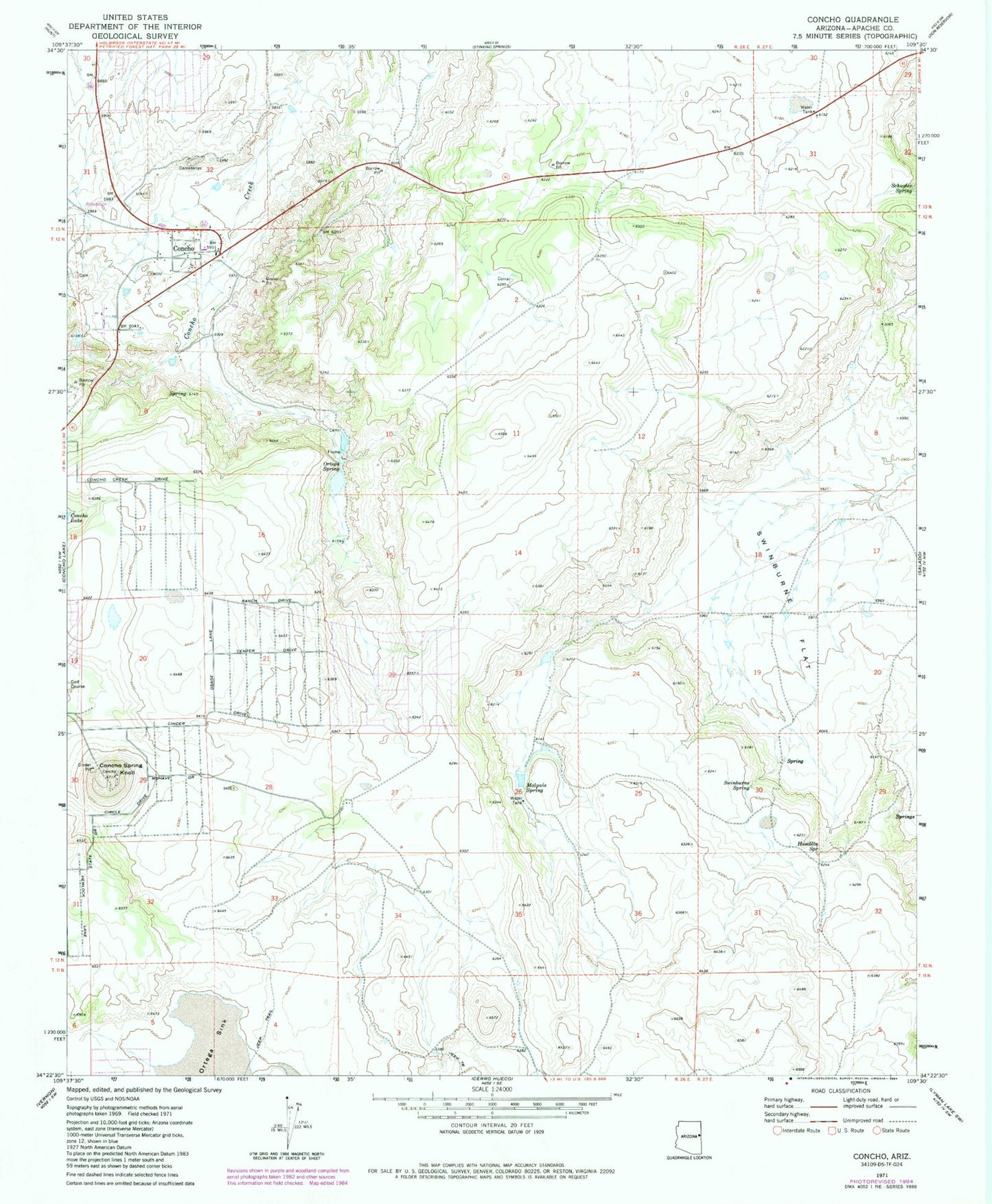 Classic USGS Concho Arizona 7.5'x7.5' Topo Map Image
