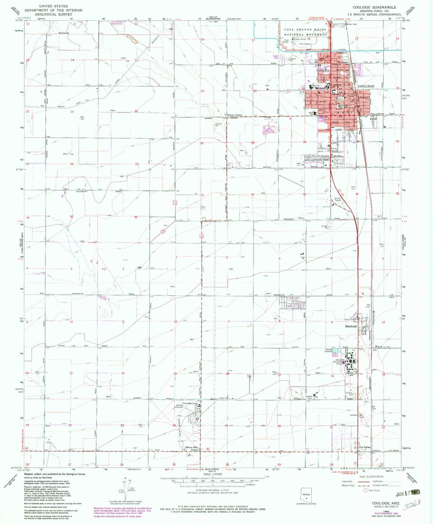Classic USGS Coolidge Arizona 7.5'x7.5' Topo Map Image
