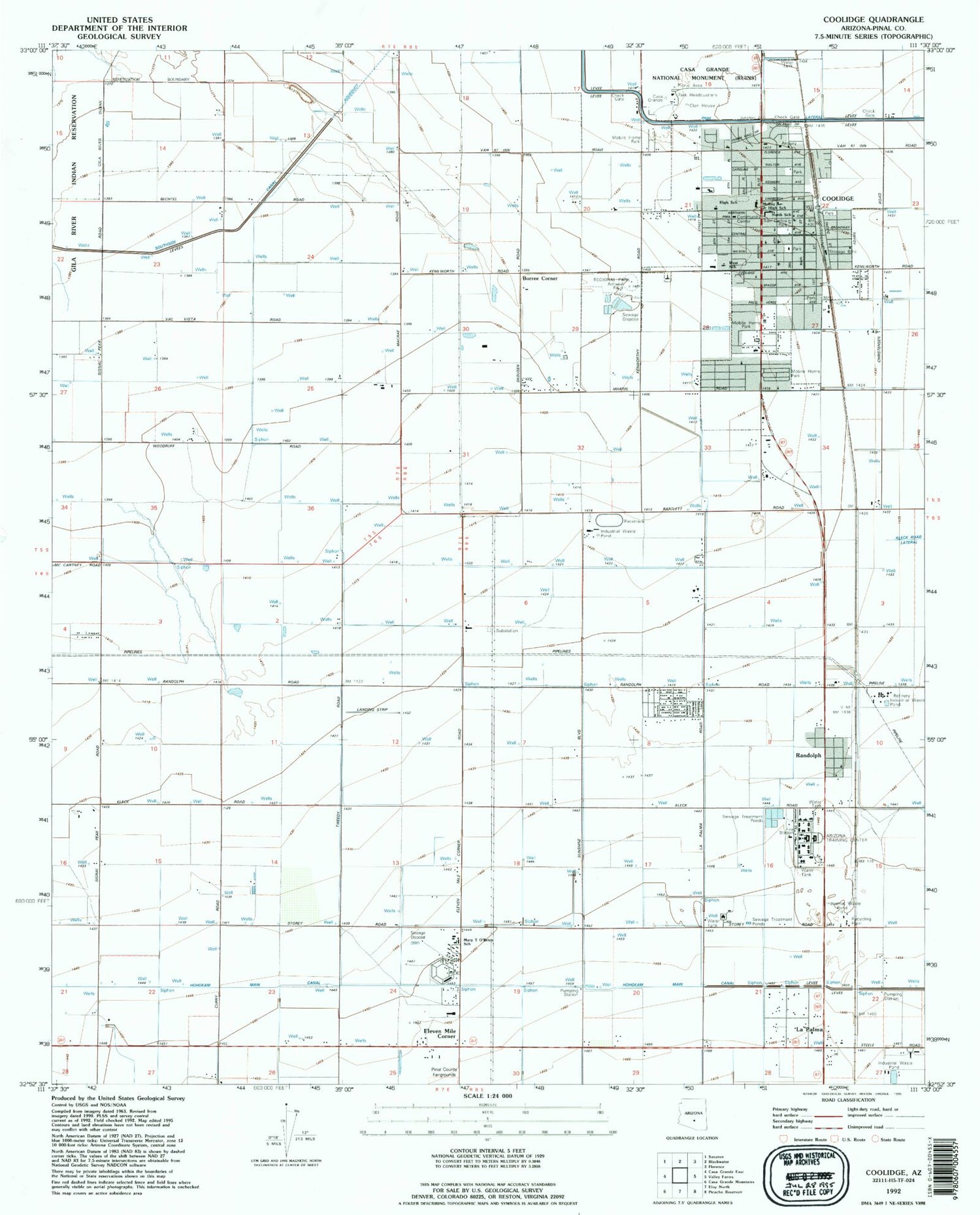 Classic USGS Coolidge Arizona 7.5'x7.5' Topo Map Image